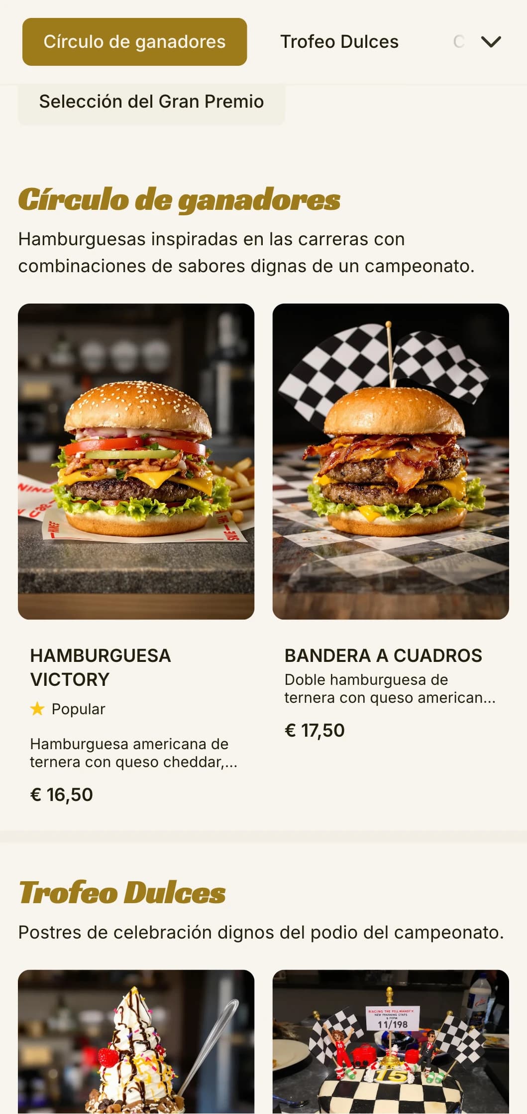 Hamburguesería inspirada en las carreras, con elementos de automovilismo y ambiente de carril de la victoria.