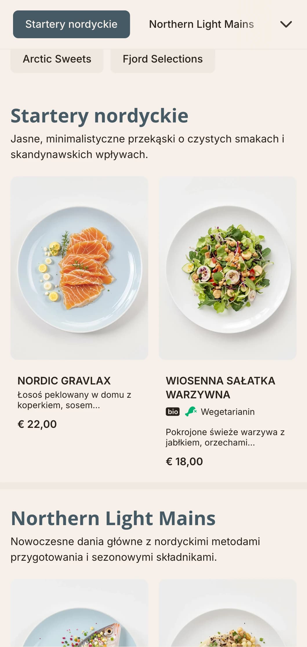 Jasne, czyste menu obiadowe z wpływami skandynawskimi i jasnoniebieskimi akcentami, idealne do dań inspirowanych kuchnią nordycką.