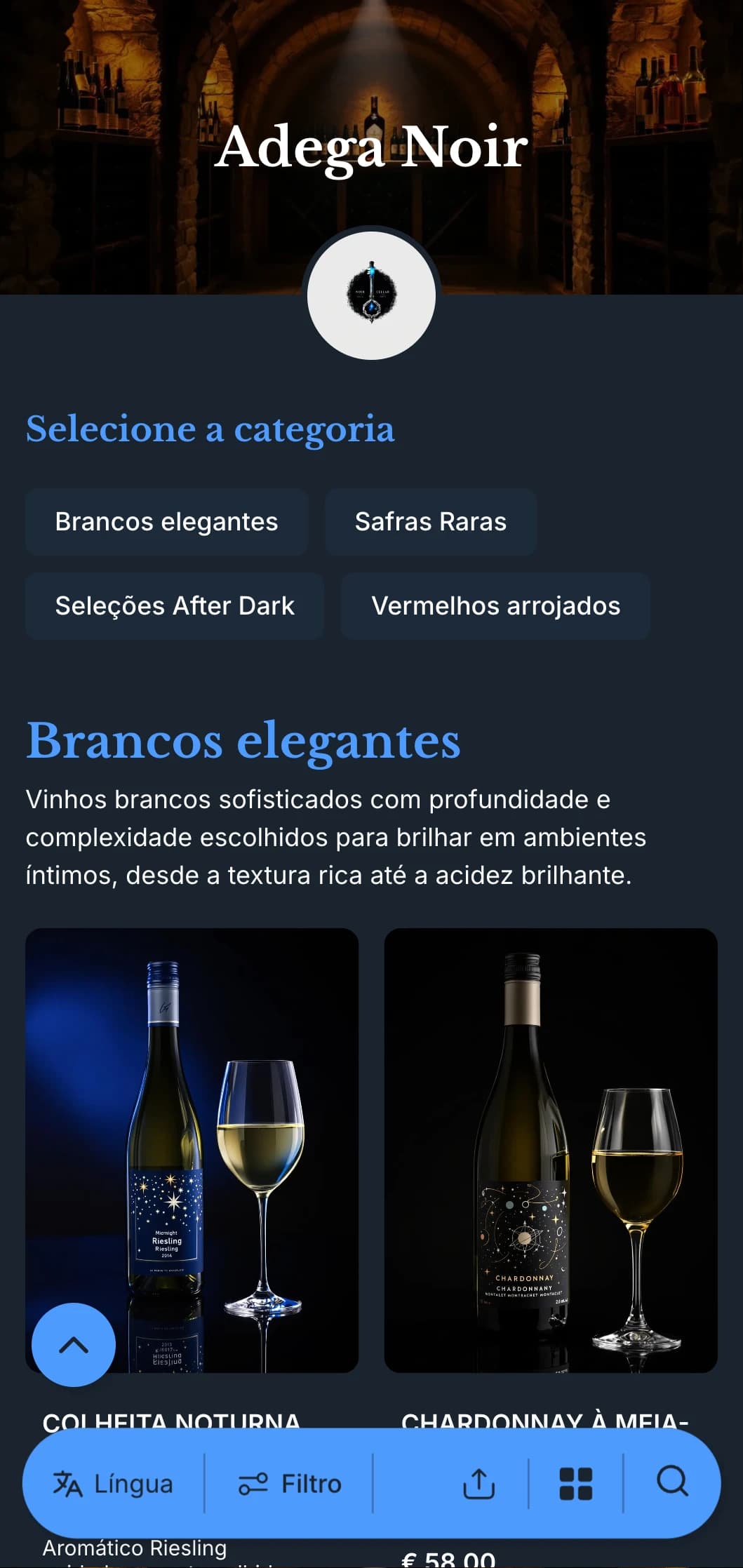 Modelo sofisticado de carta de vinhos com tema sombrio, com detalhes em azul e fundo azul-marinho profundo, ideal para salões de vinhos íntimos e locais noturnos.