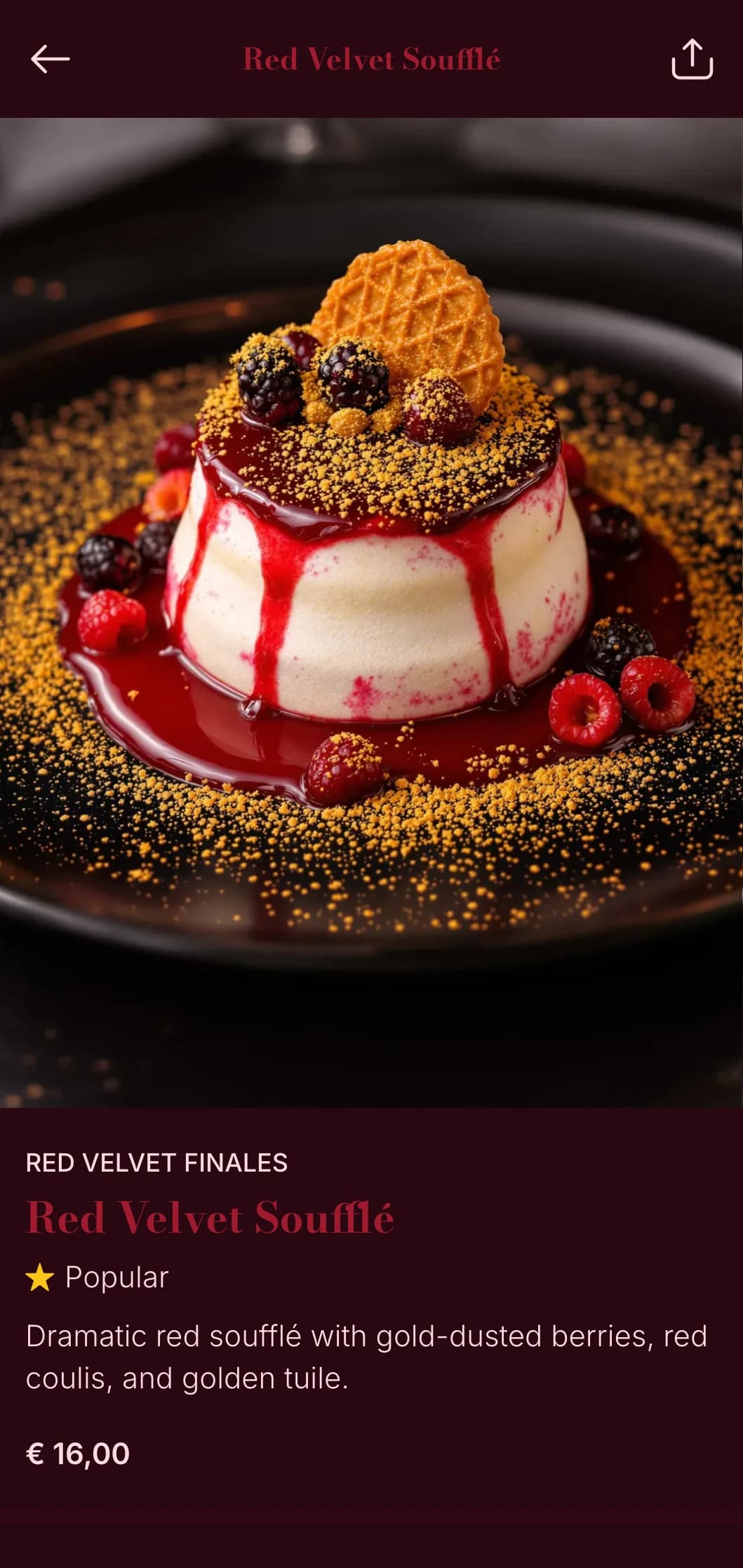 Bold, dramatic dining concept with deep red tones and luxurious textures for a theatrical culinary experience.