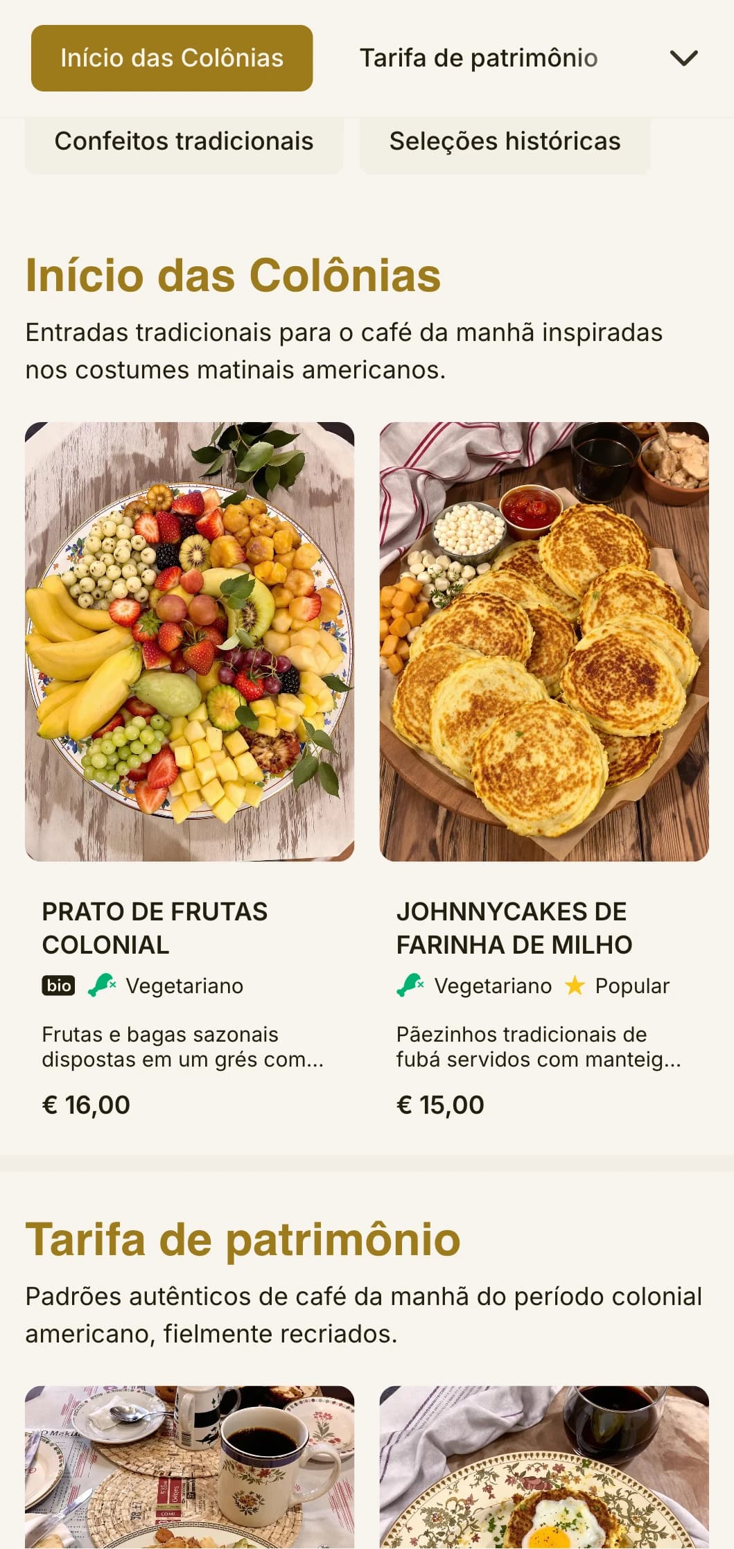 Seleções tradicionais de café da manhã inspiradas na culinária colonial, apresentadas com elementos históricos refinados.