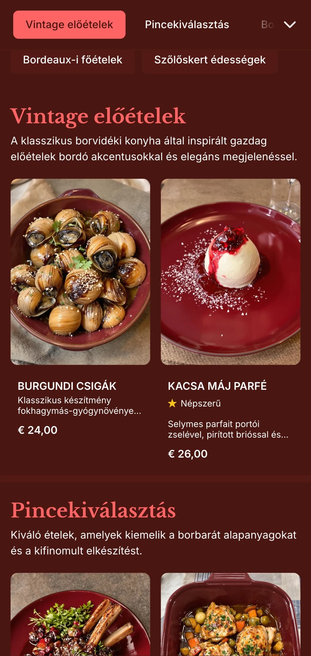 Gazdag, borok ihlette vacsora menü mély bordó tónusokkal és vintage elemekkel, kiterjedt borprogrammal rendelkező létesítmények számára.