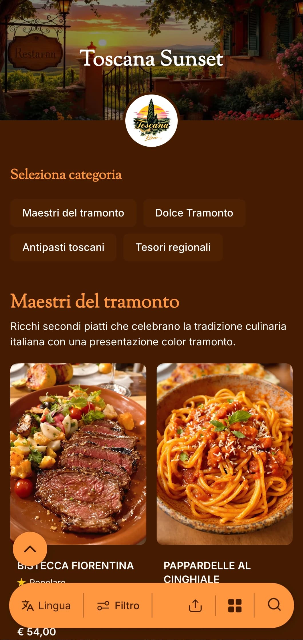 Un menu caldo, di ispirazione toscana, con toni di terracotta ed elementi di design italiano, perfetto per i ristoranti italiani autentici.
