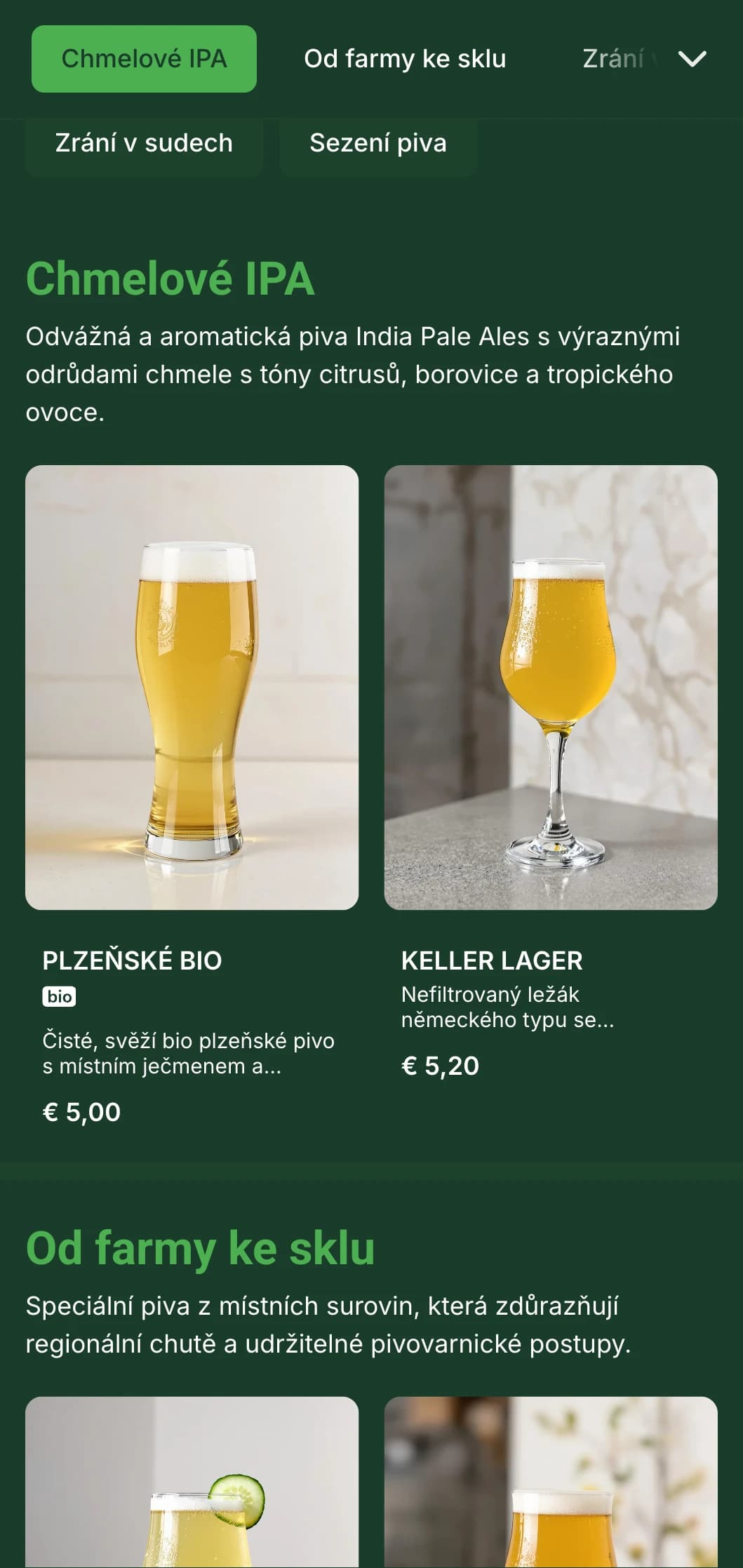 Moderní a čistý design pro současné pivovary a pivní zahrady s botanickými akcenty a svěží barevnou paletou zvýrazňující pivní ingredience.