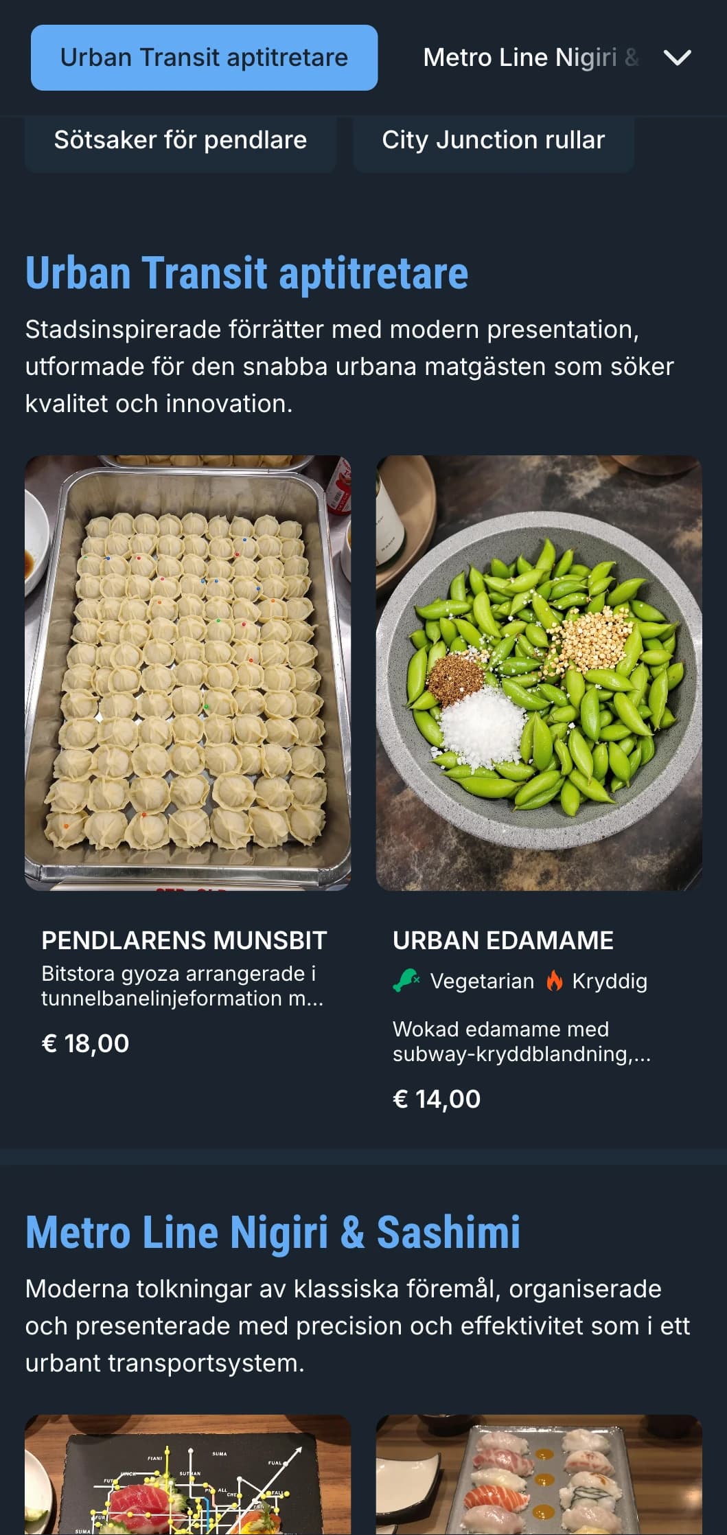Urban, tunnelbaneinspirerad sushimeny med coola blå accenter och modern typografi för citylägen.