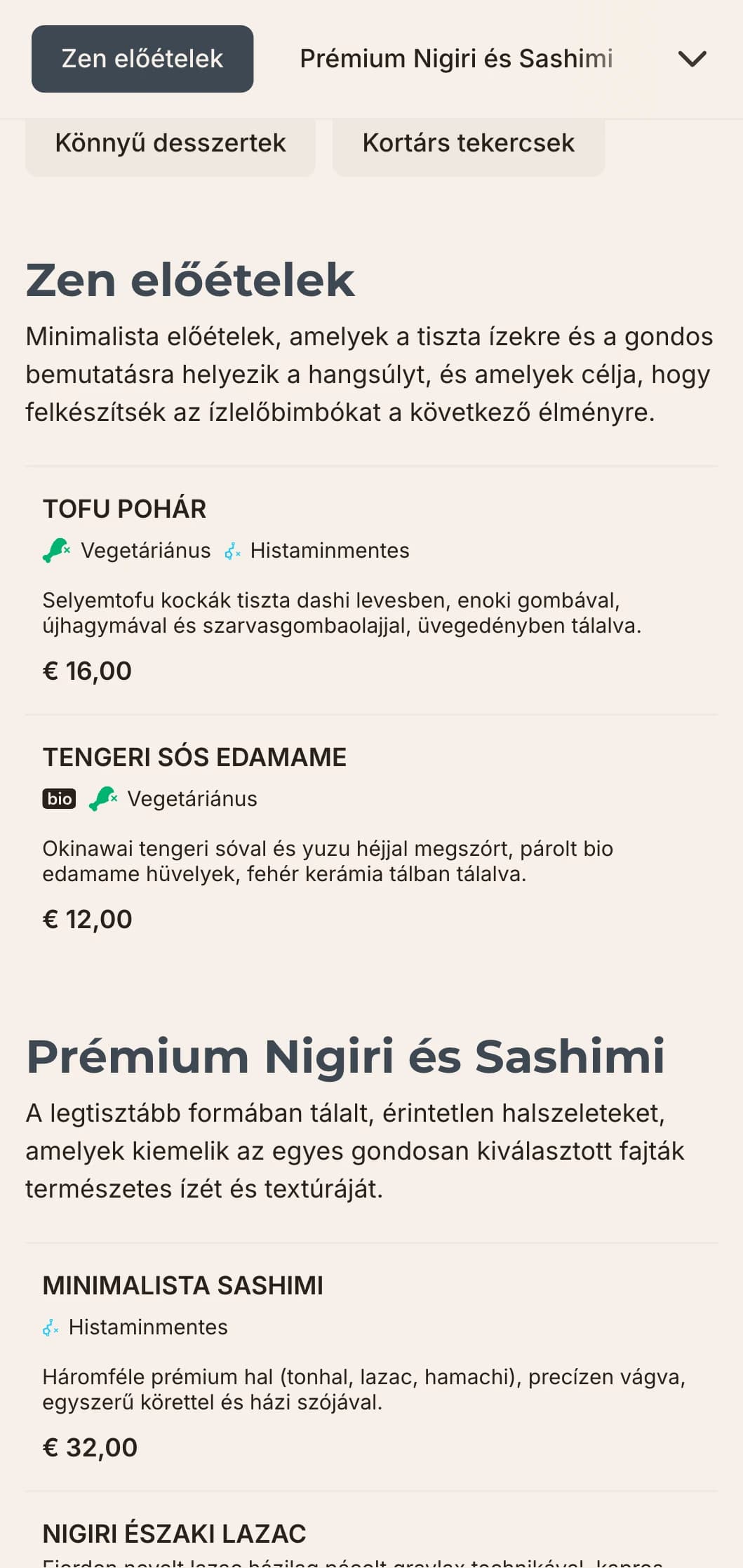 Letisztult, modern, minimalista esztétikájú sushi menü design, amely tökéletes az egyszerűségre és minőségre összpontosító előkelő japán éttermek számára.