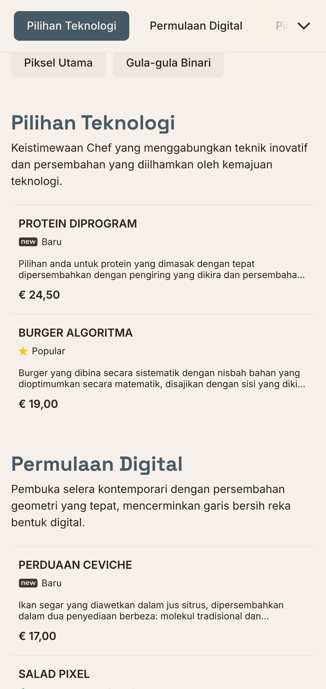 Reka bentuk menu makan tengah hari berinspirasikan digital dengan estetika teknologi dan susun atur grid yang tepat, sesuai untuk restoran di daerah inovasi dan syarikat teknologi berhampiran.