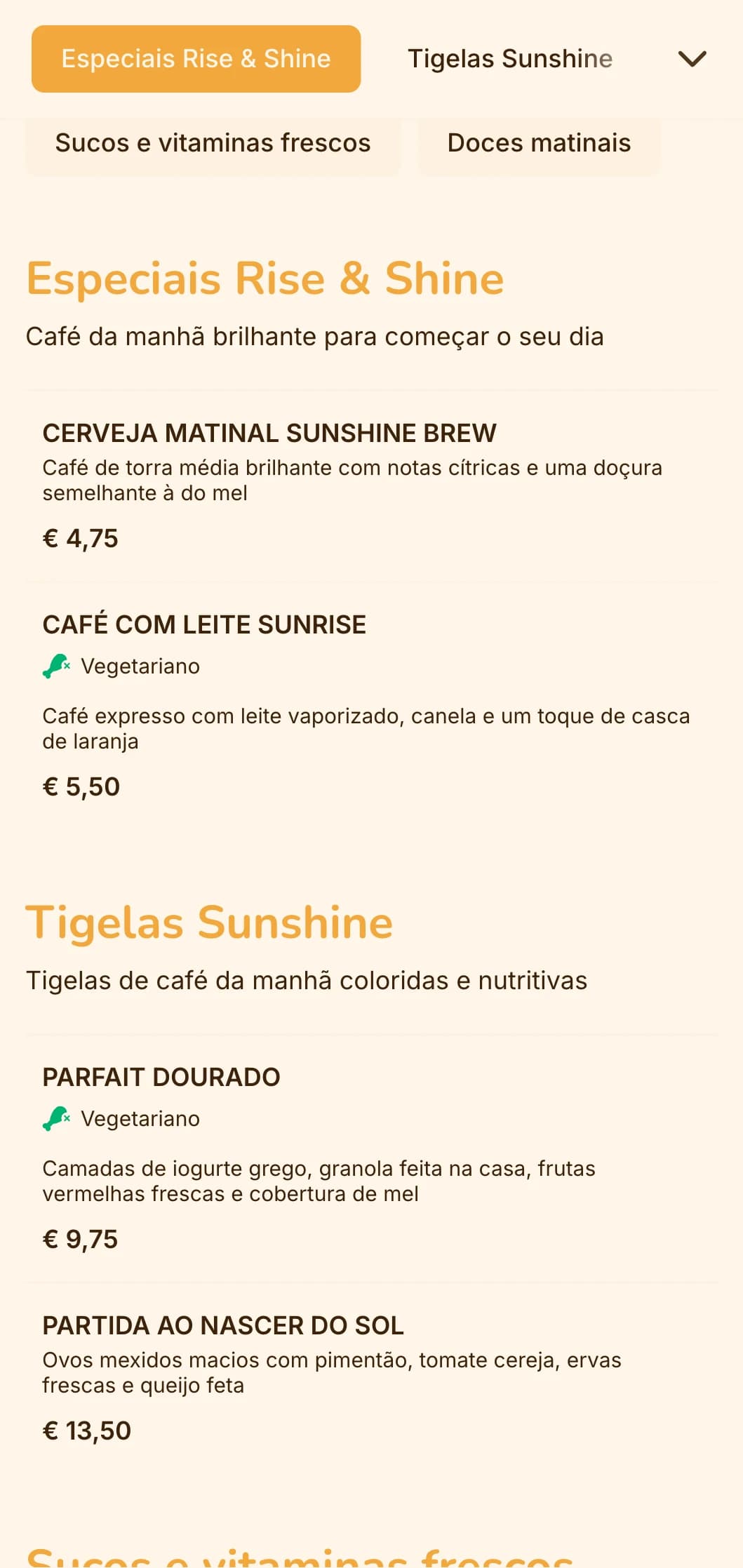 Design alegre em amarelo e laranja com elementos ensolarados para lanchonetes de café da manhã e locais de brunch.