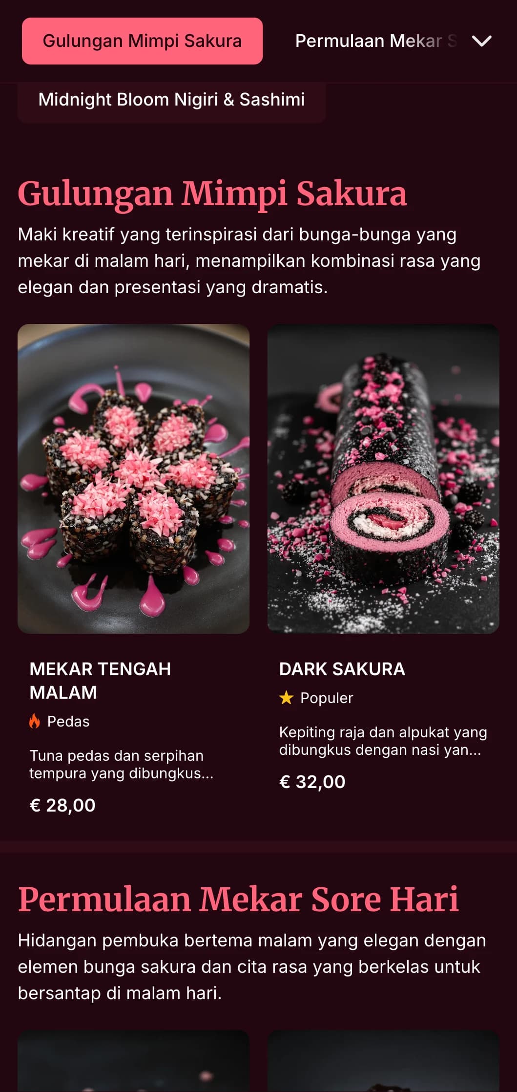 Pengalaman sushi malam yang elegan dengan motif bunga sakura yang dramatis dengan latar belakang warna merah anggur yang pekat untuk bersantap kelas atas.