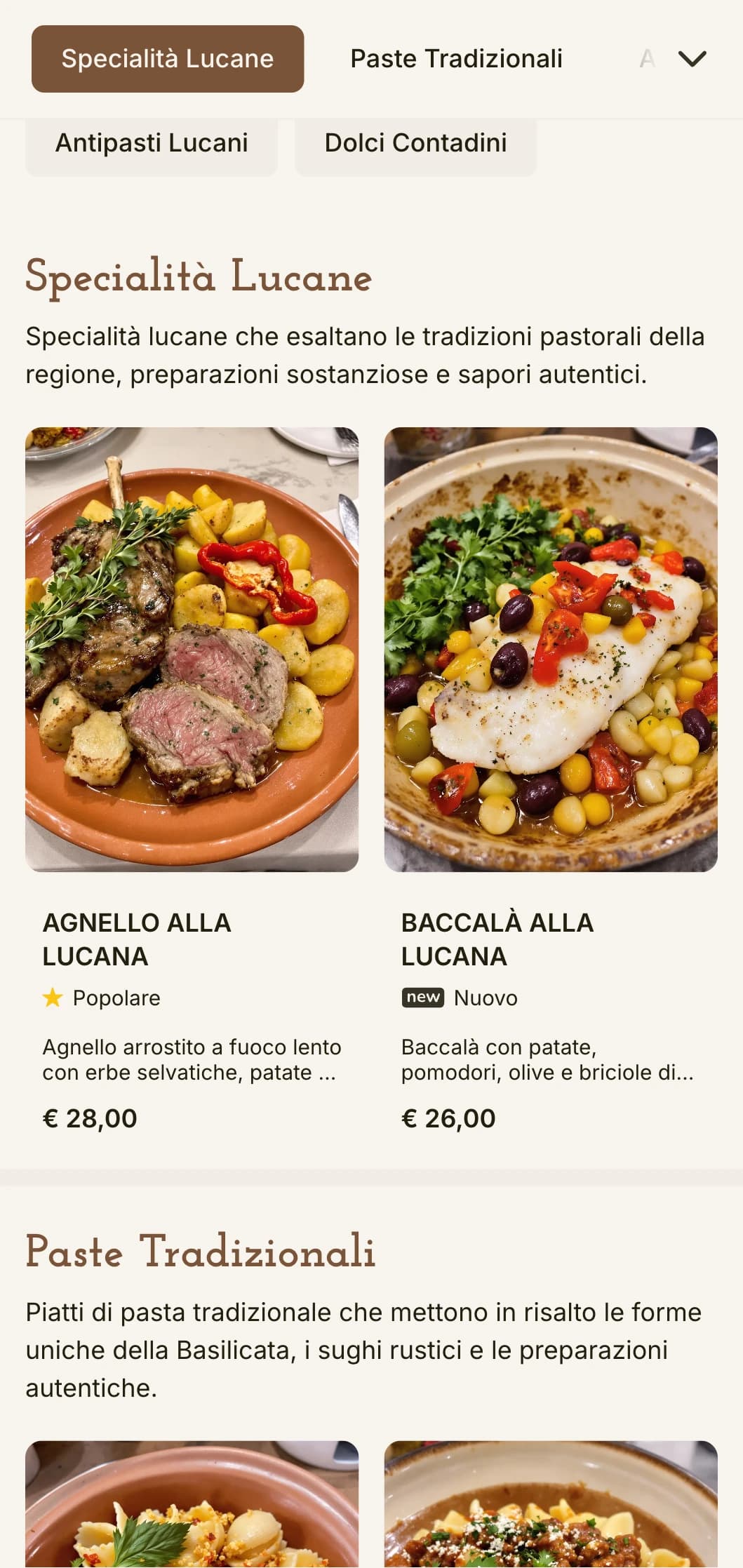 Un design tradizionale e terragno che riflette la cucina rustica e umile della Basilicata, con elementi caldi in terracotta.