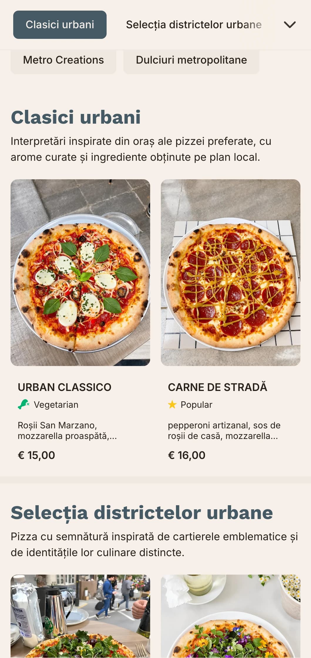 Meniu de pizza urban metropolitan cu linii curate și design contemporan pentru localuri urbane.