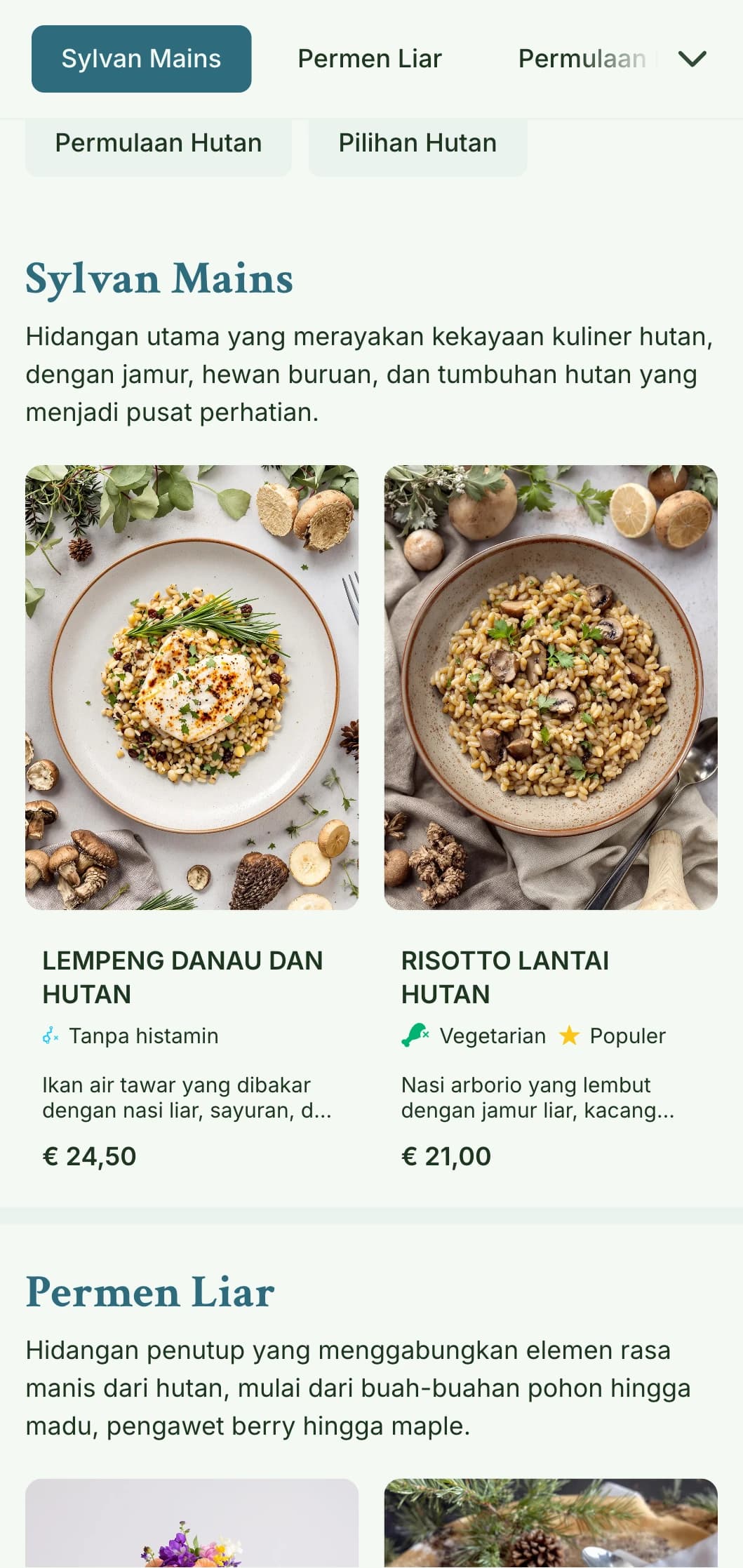 Desain menu makan siang yang tenang dan terinspirasi dari hutan dengan tekstur organik dan warna tanah, cocok untuk restoran yang berada di dekat lingkungan alam dan taman.
