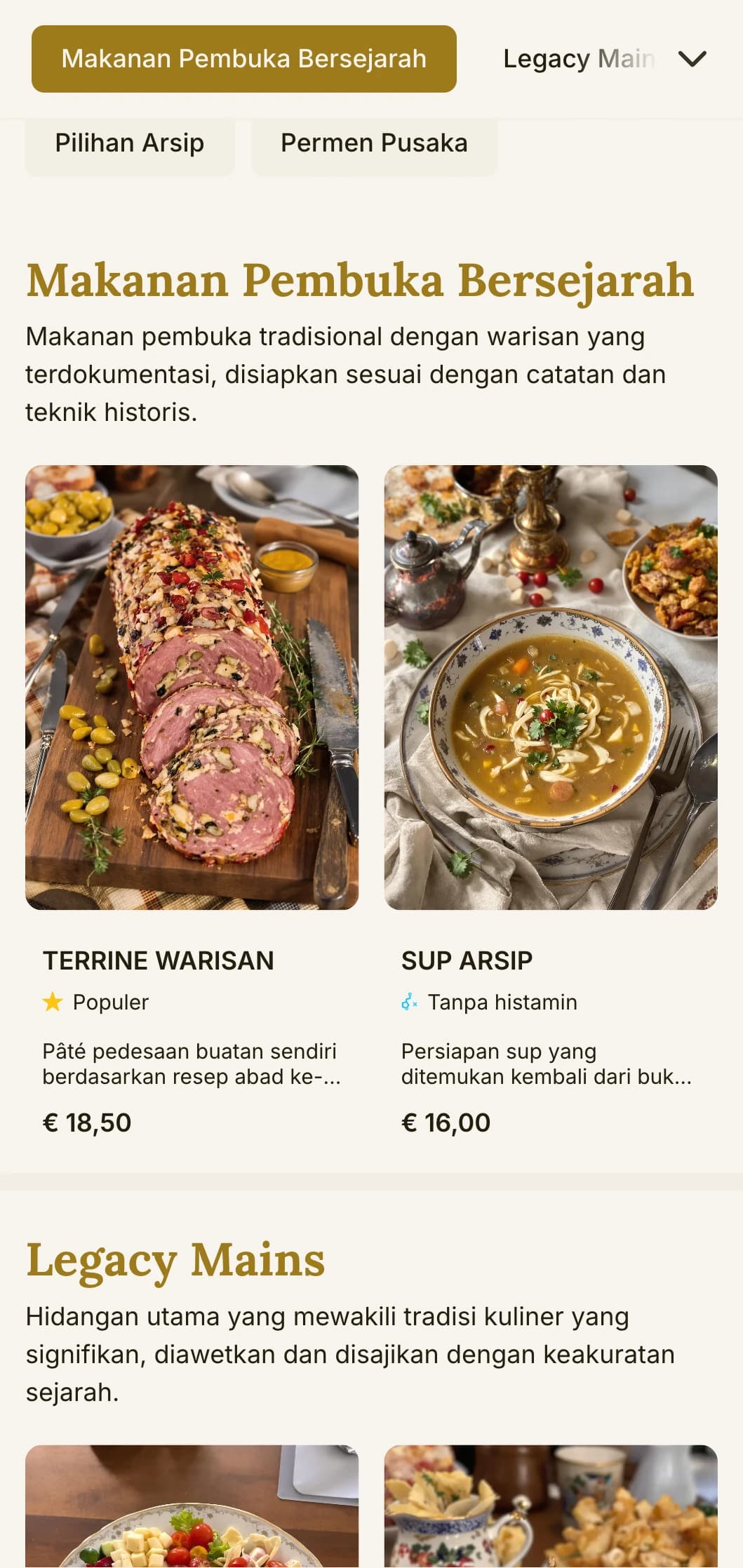 Desain menu makan siang bersejarah yang berfokus pada warisan budaya dengan elemen tradisional dan tipografi yang tak lekang oleh waktu, cocok untuk restoran dan tempat makan yang memiliki sejarah panjang.