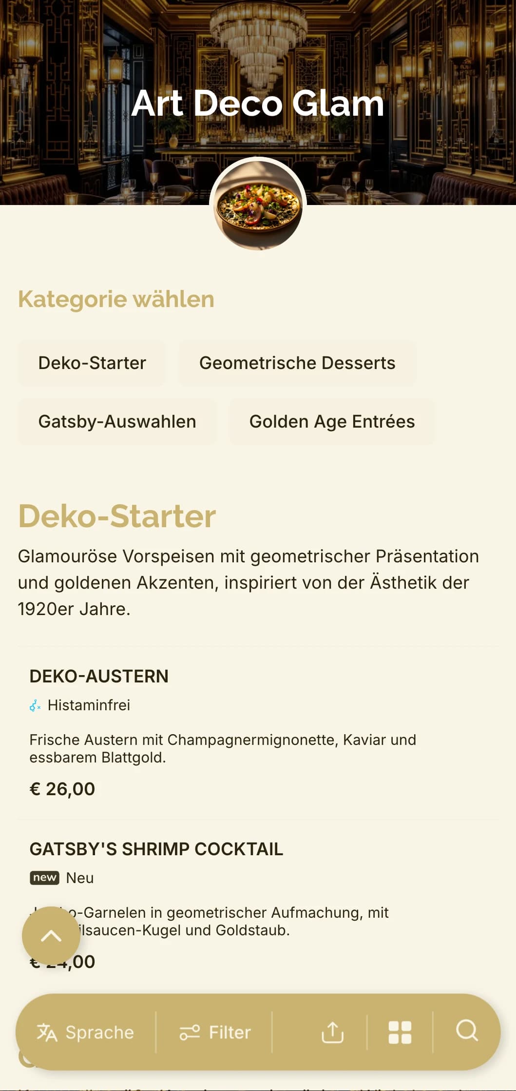 Glamouröses, von den 1920er Jahren inspiriertes Design mit geometrischen Mustern und goldenen Akzenten für ein zeitloses und doch modernes Esserlebnis.