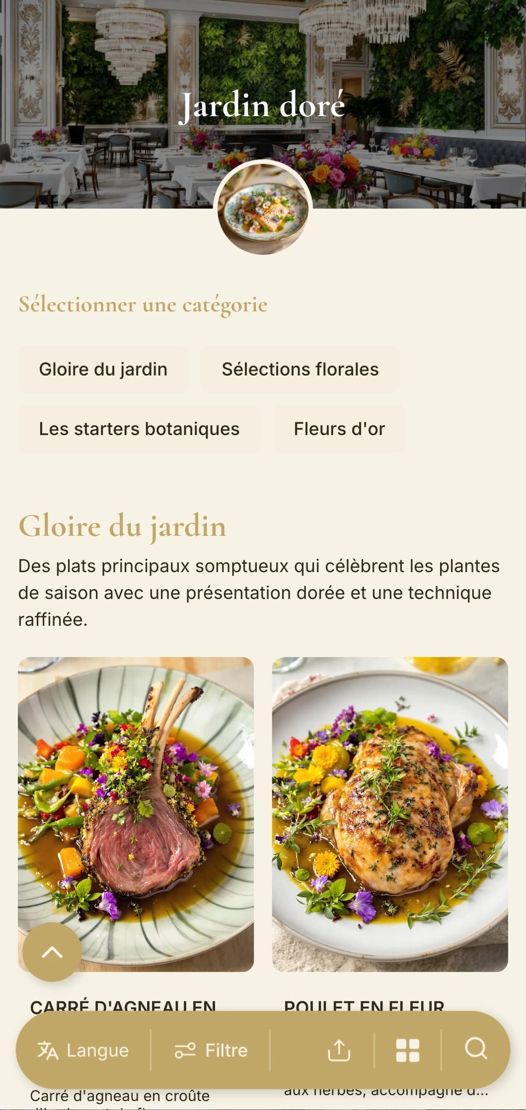 Concept botanique opulent combinant une verdure luxuriante avec des accents dorés et des éléments raffinés inspirés des jardins.