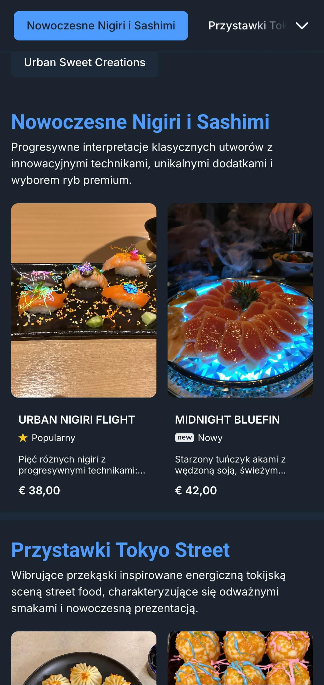 Odważne, współczesne menu sushi z dramatyczną estetyką inspirowaną nocą, z żywymi niebieskimi akcentami na głębokim węglowym tle.