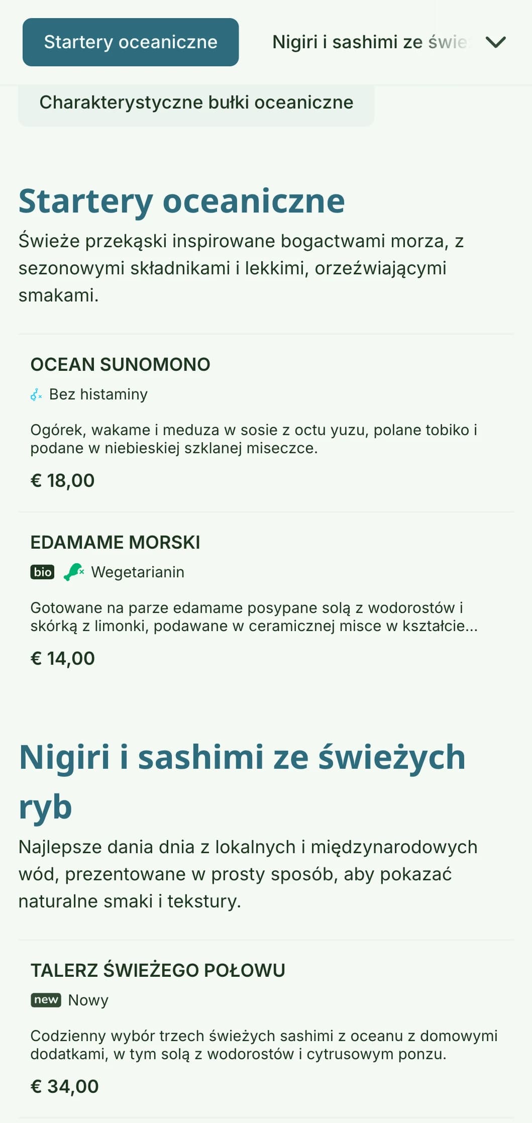 Świeży i żywy projekt menu sushi inspirowany kolorami oceanu, z uspokajającą niebieską paletą idealną dla lokali koncentrujących się na owocach morza.