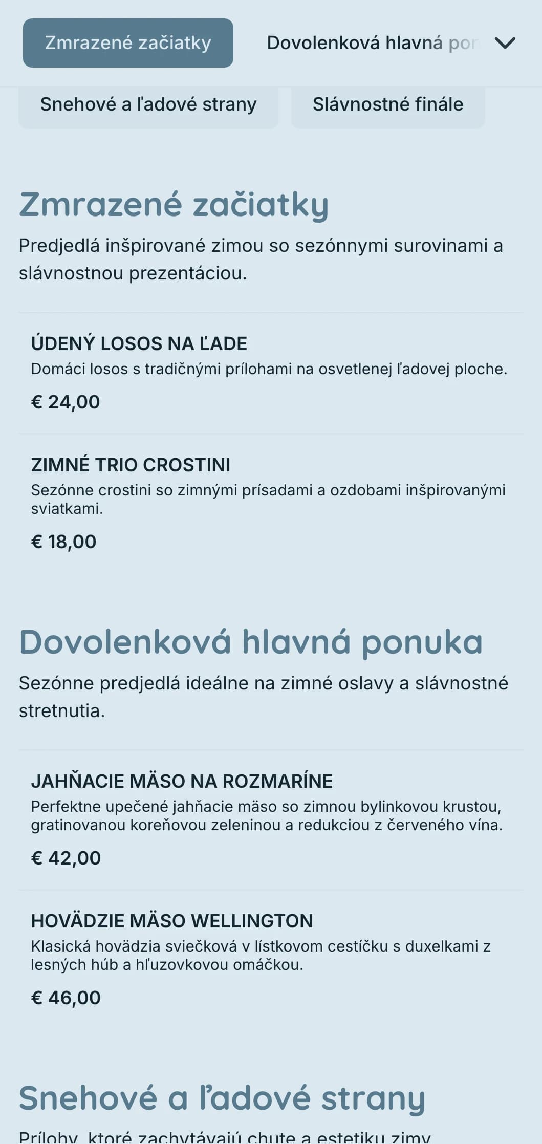 Magický catering so zimnou tematikou so sezónnymi surovinami, dramatickou prezentáciou a útulnými prvkami na sviatočné večierky a zimné podujatia.