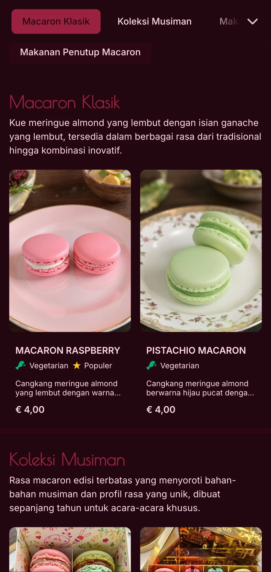 Desain menu roti yang penuh warna dan berfokus pada kemewahan dengan warna merah muda yang kaya dan tipografi yang elegan, ideal untuk spesialis macaron dan butik makanan penutup kelas atas.