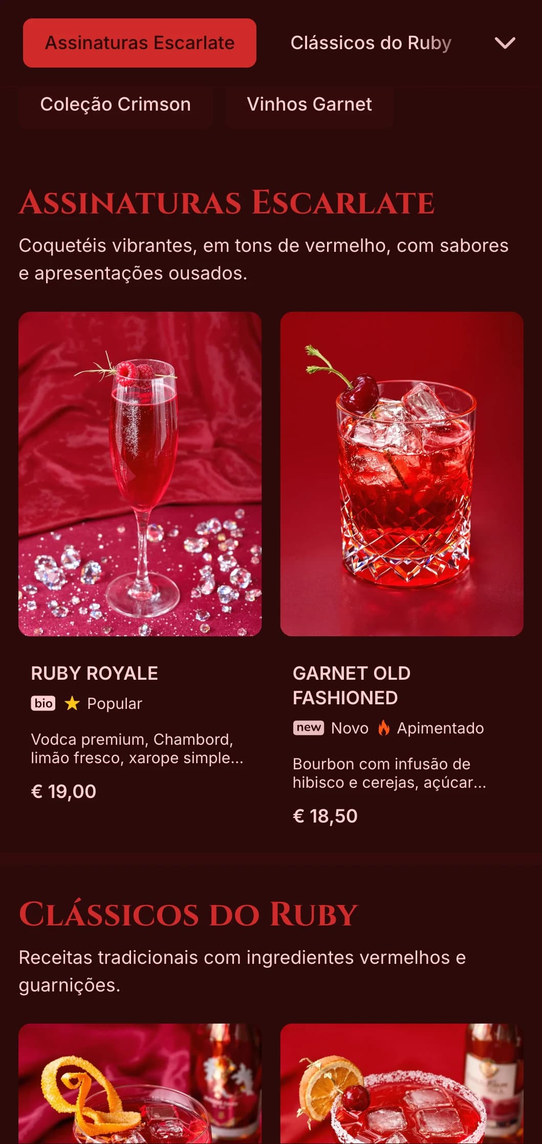 Design vermelho escuro com texturas ricas para bares de vinho e coquetéis apaixonados.