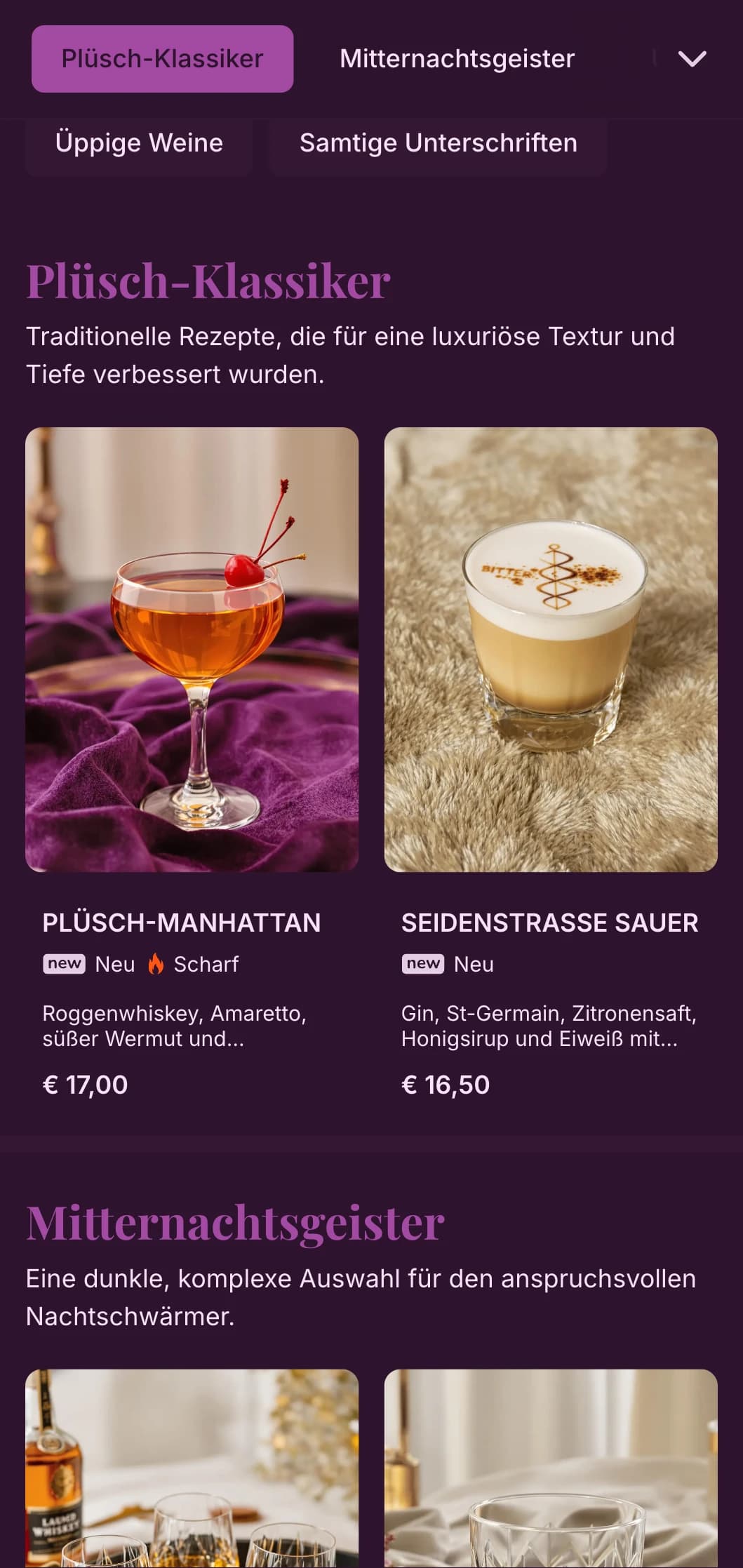 Luxuriöses lilafarbenes Design mit Samttexturen für intime Speakeasy-Locations.