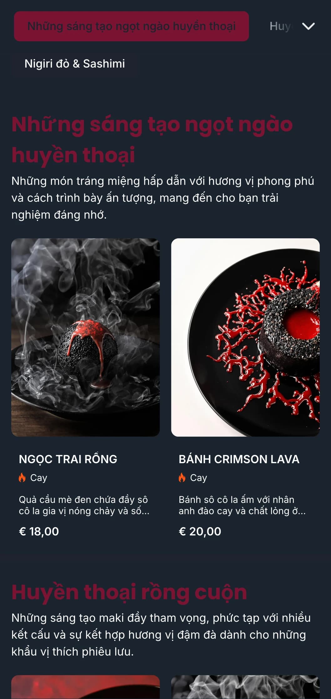 Thực đơn sushi đậm đà, ấn tượng với tông màu đỏ rực rỡ lấy cảm hứng từ thần thoại rồng truyền thống của Nhật Bản.