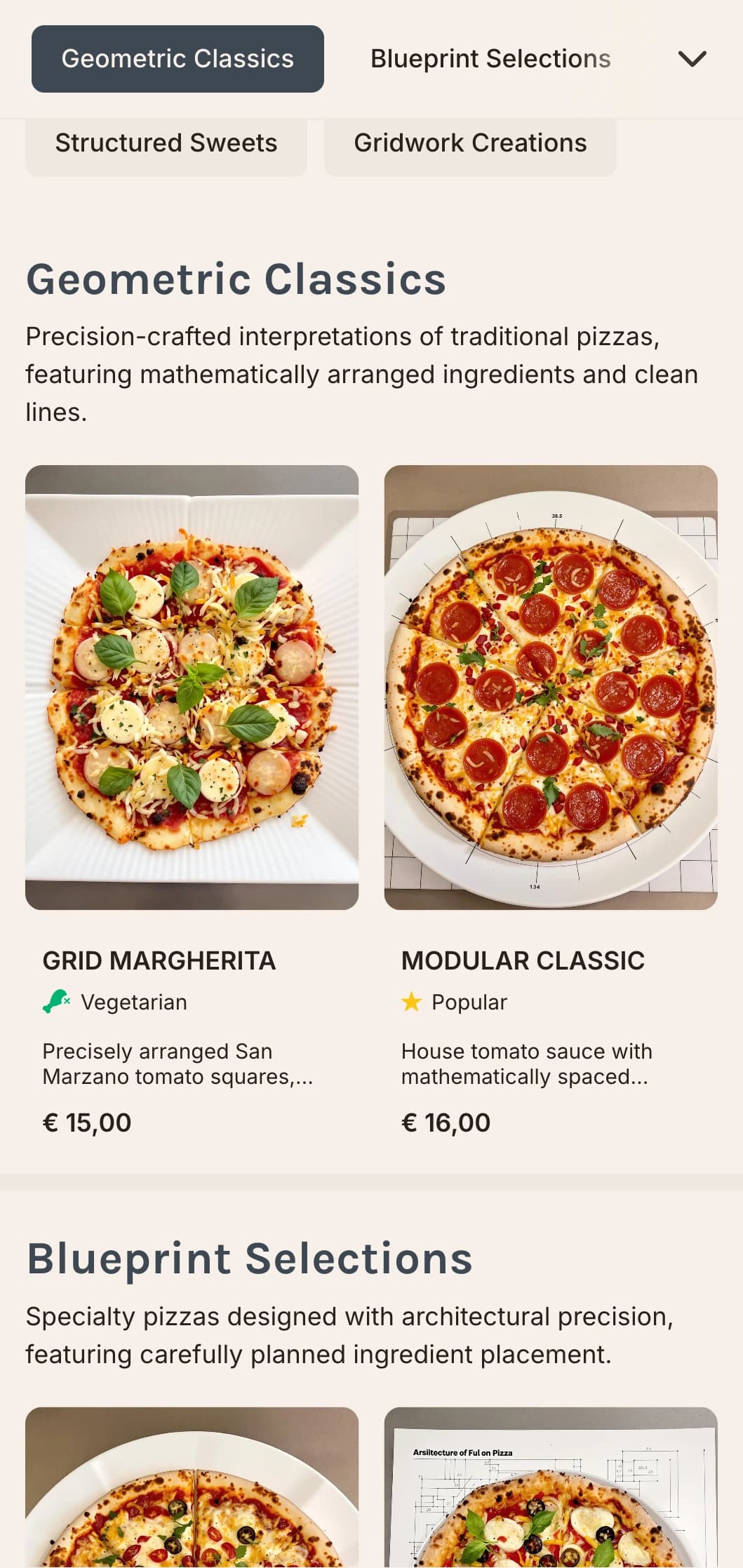 Geometric modern pizza menu with grid layouts and precise design elements.