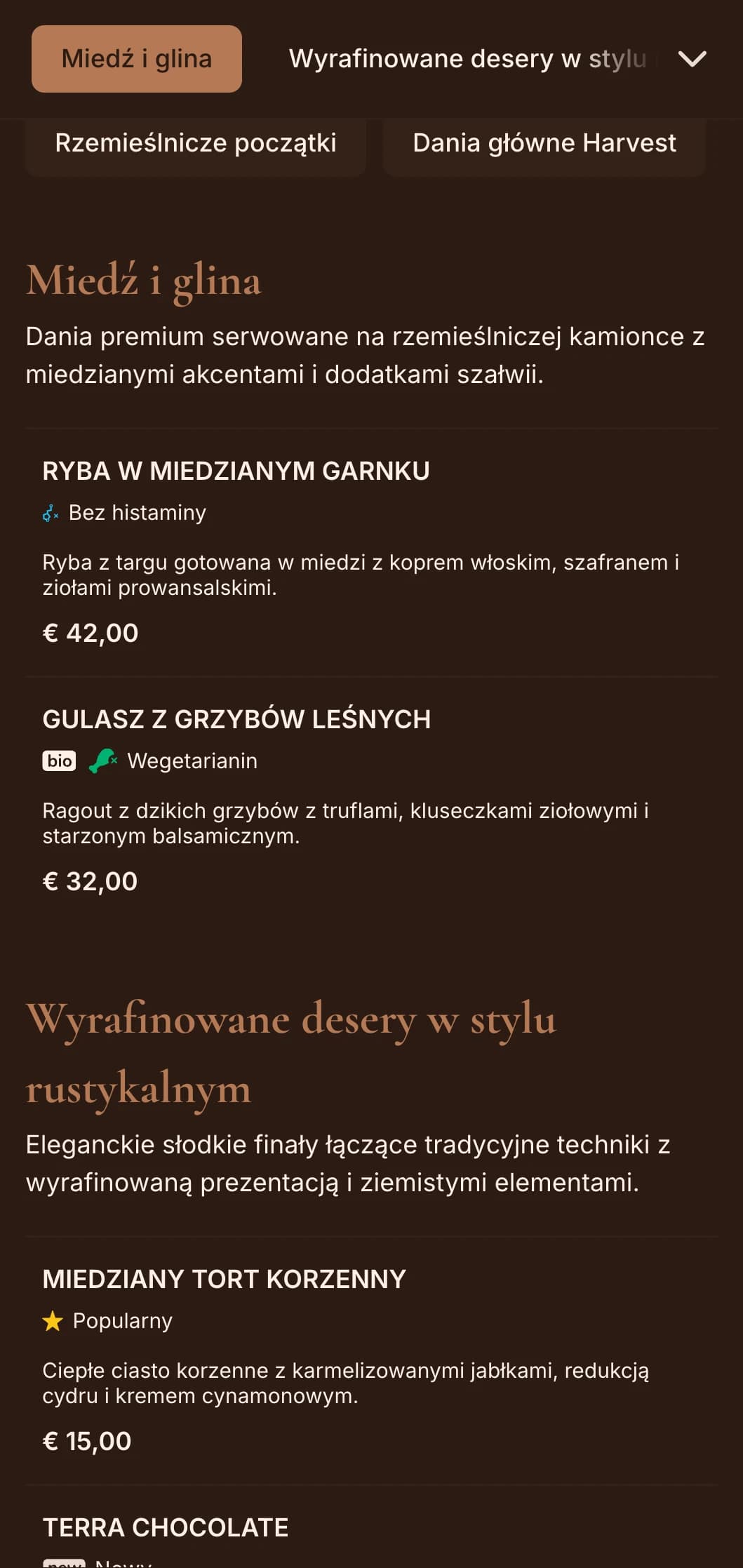 Wyrafinowana rustykalna elegancja z ciepłymi miedzianymi odcieniami i szałwiowymi akcentami, idealna do wyrafinowanych posiłków od gospodarstwa do stołu i sezonowych wyśmienitych potraw.