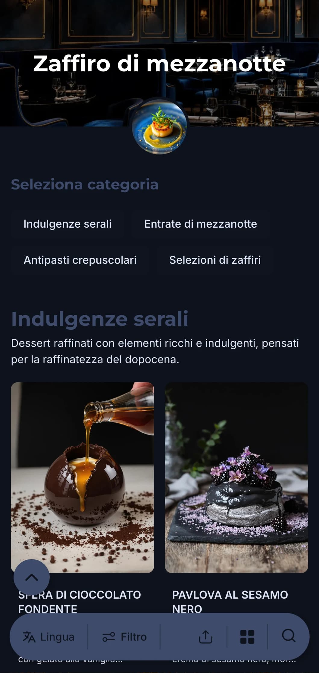 Sofisticato concetto di ristorazione after-hours con toni blu intensi e sottili elementi di lusso per un'esperienza culinaria coinvolgente.
