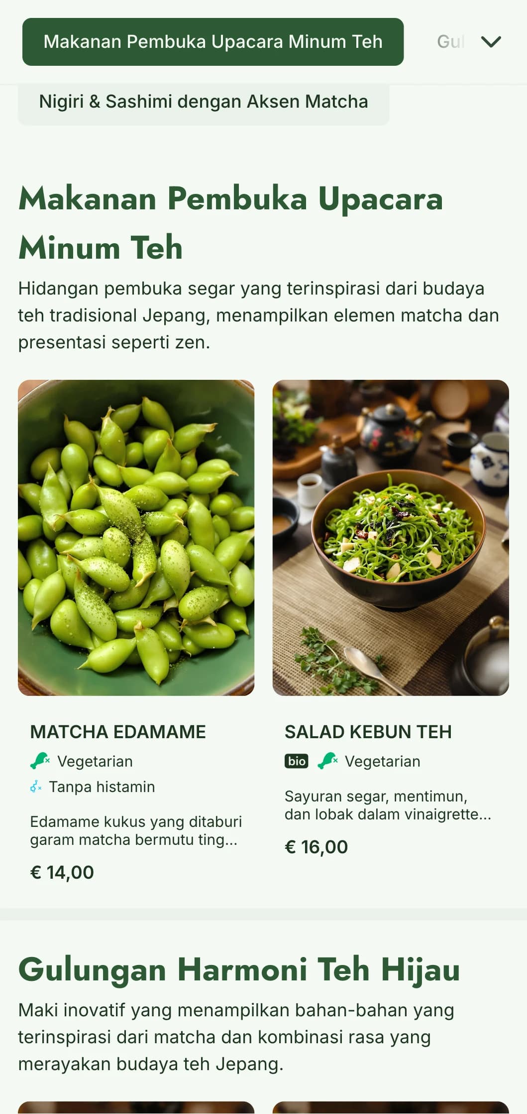Menu sushi kontemporer yang menampilkan warna hijau matcha yang cerah untuk tempat makan yang terinspirasi dari teh.