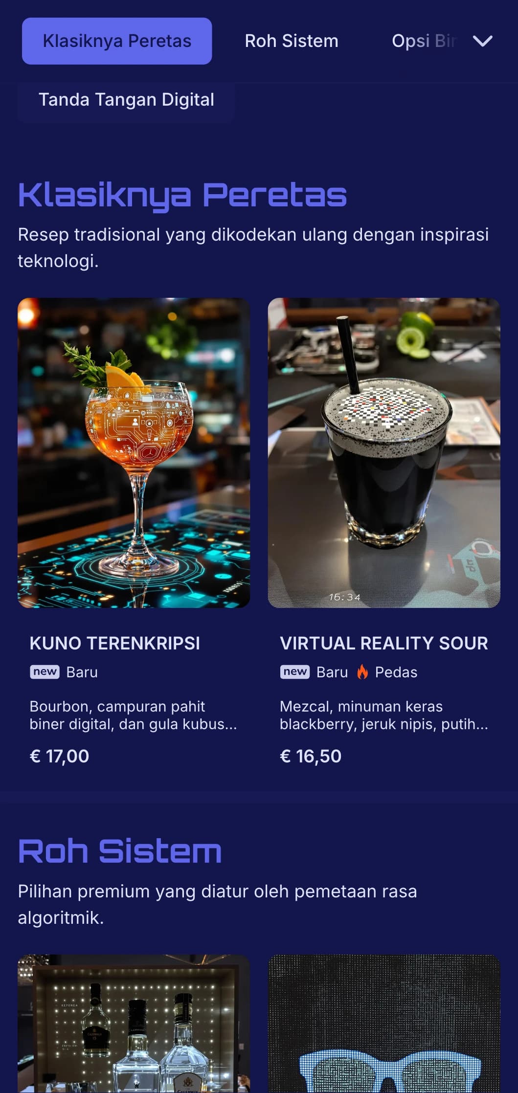 Desain biru dan hitam yang futuristik dengan elemen digital untuk bar yang canggih.