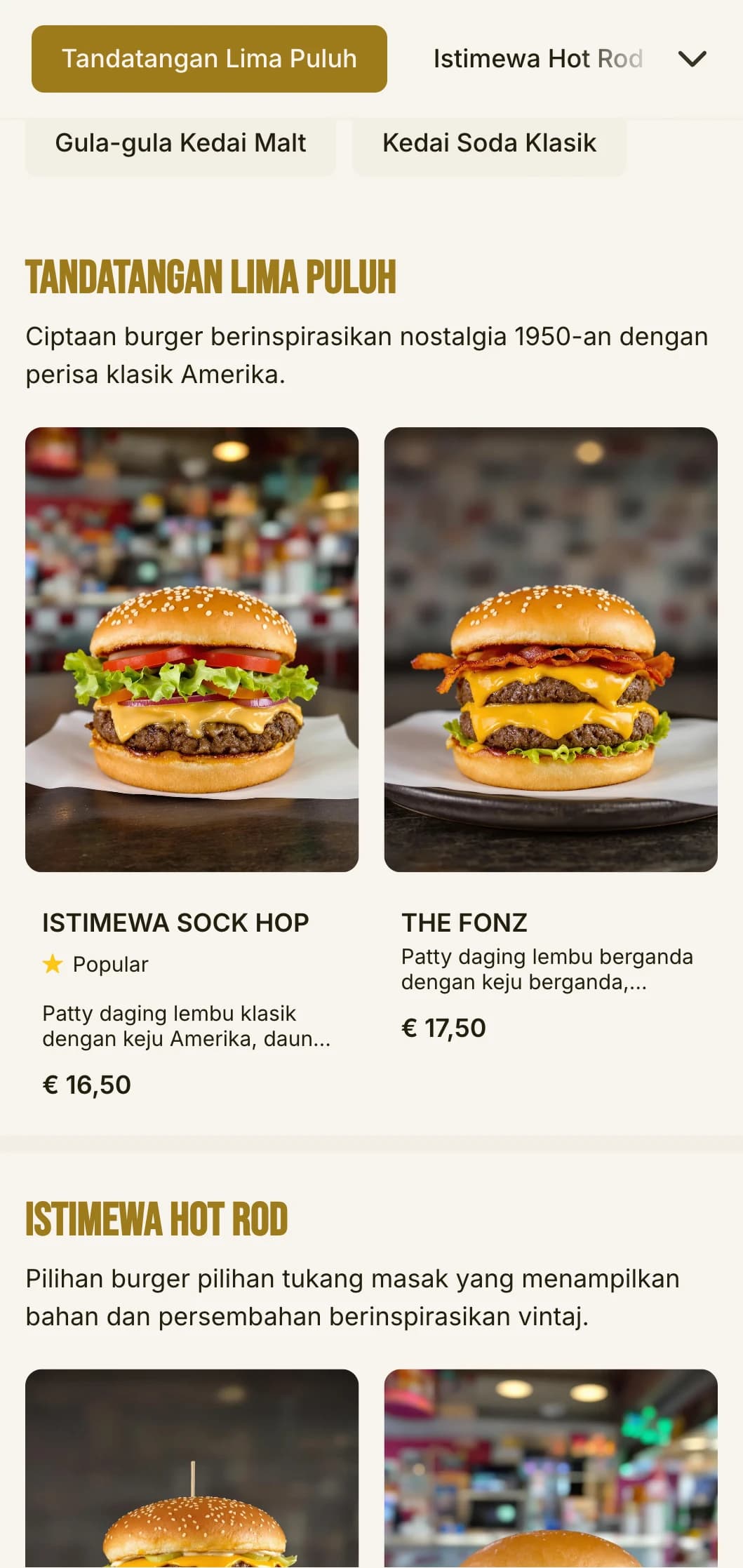 Kedai burger inspirasi tahun 1950-an dengan corak papan dam dan unsur kedai soda nostalgia.