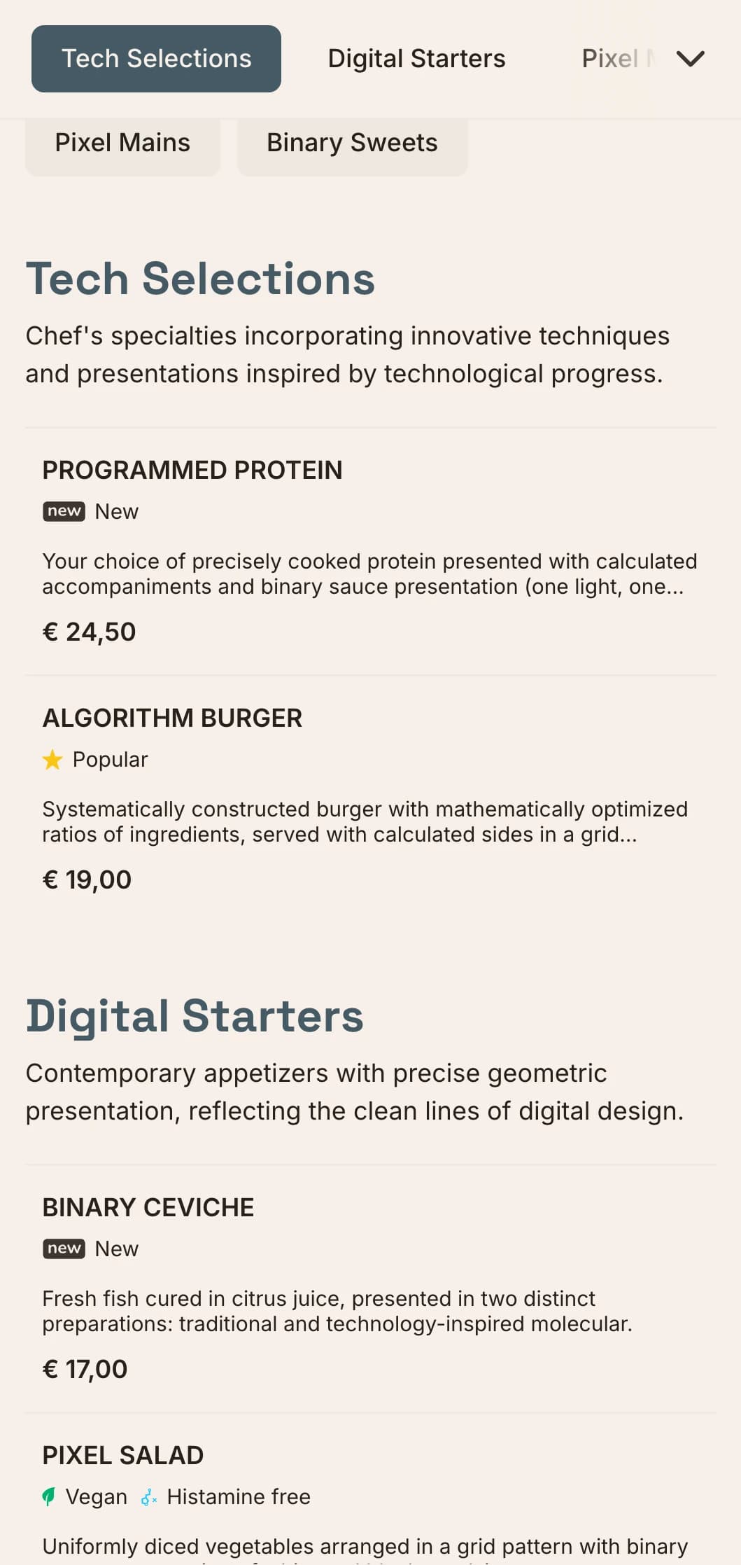 Digital-inspired lunch menu design with tech aesthetics and precise grid layout, perfect for restaurants in innovation districts and near tech companies.