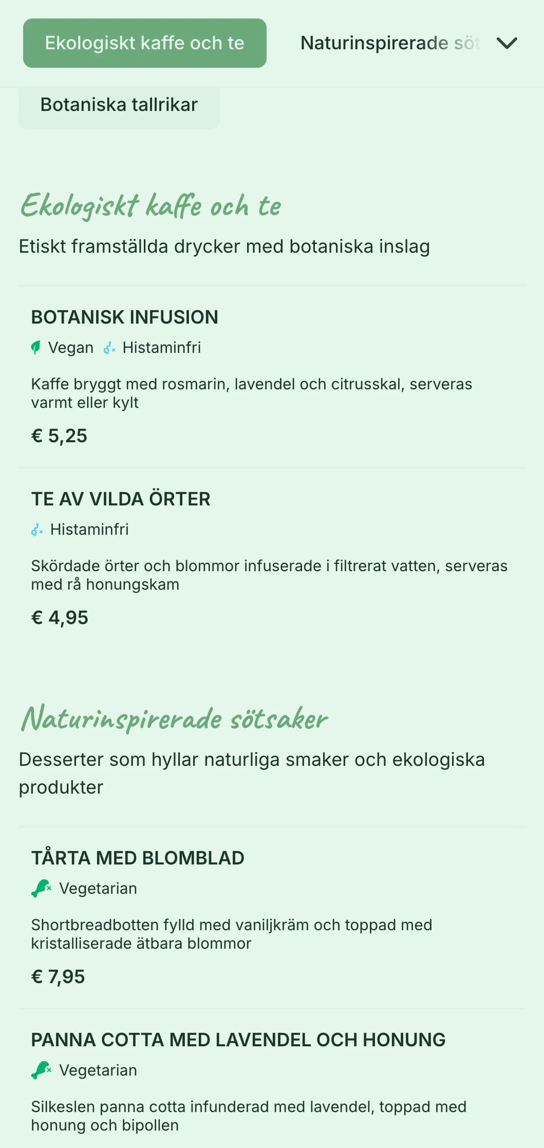 Fräsch design med grönt tema och botaniska element för trädgårdscaféer och ekologiska brunchställen.
