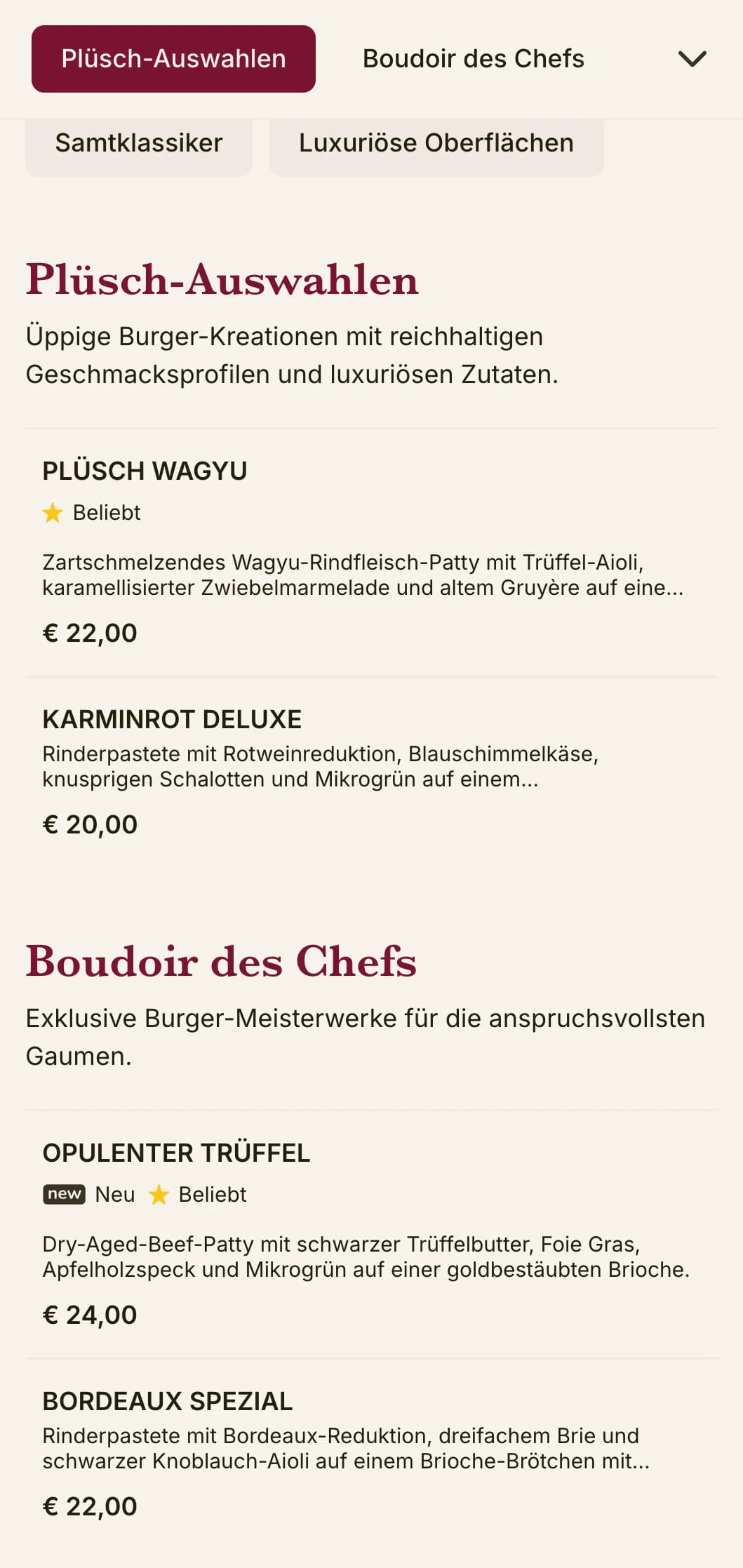Plüschige Luxus-Burger-Lounge mit reichen Texturen und opulenter Präsentation.