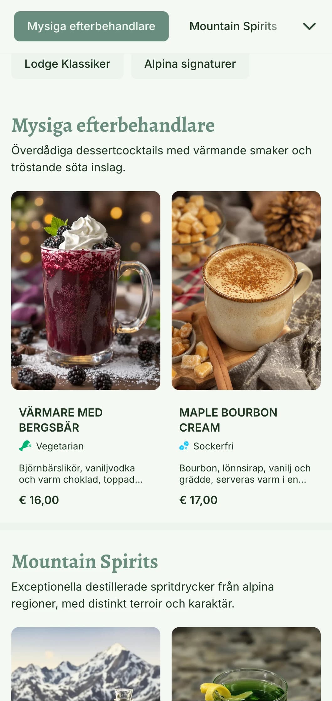 En mysig, bergsinspirerad design för barer på skidorter och alpstugor med varma, naturliga element och rustik typografi.