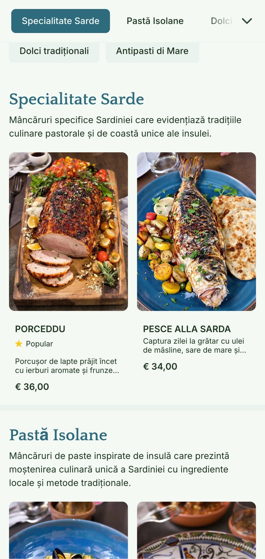 Design inspirat de coastă, cu albastru turcoaz și nuanțe neutre de nisip, care celebrează tradițiile Sardiniei în materie de fructe de mare.