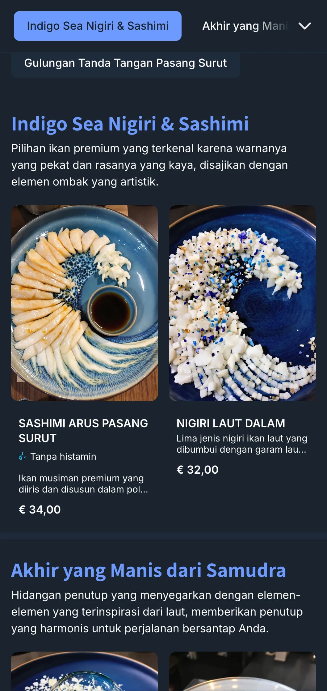 Menu sushi yang terinspirasi dari lautan dengan ombak nila dan desain kontemporer untuk restoran yang berfokus pada hidangan laut.