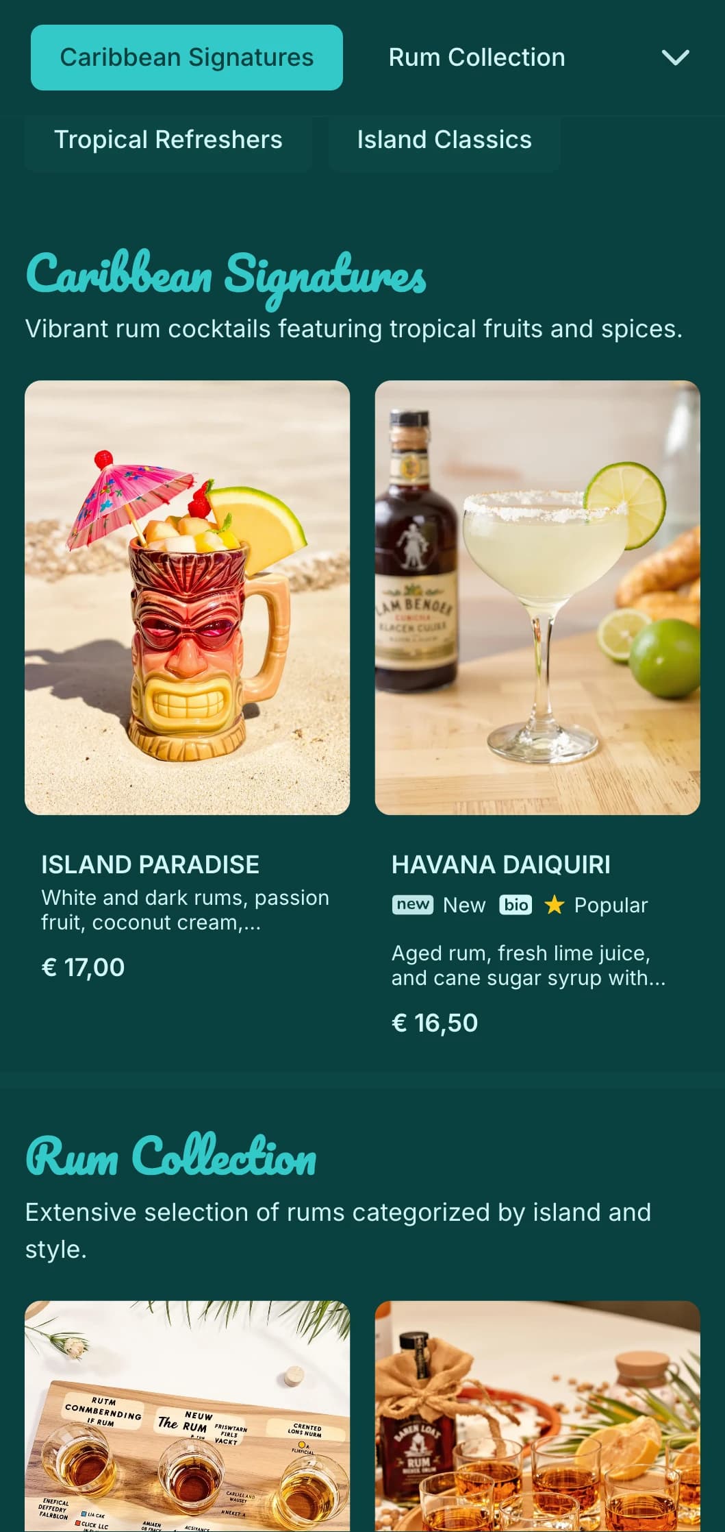 Bright turquoise design with festive elements for rum-focused beach bars.