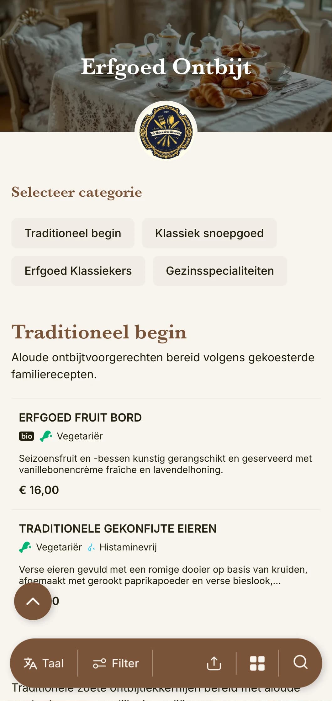 Traditionele ontbijtselecties geïnspireerd op tijdloze familierecepten en klassieke culinaire technieken.