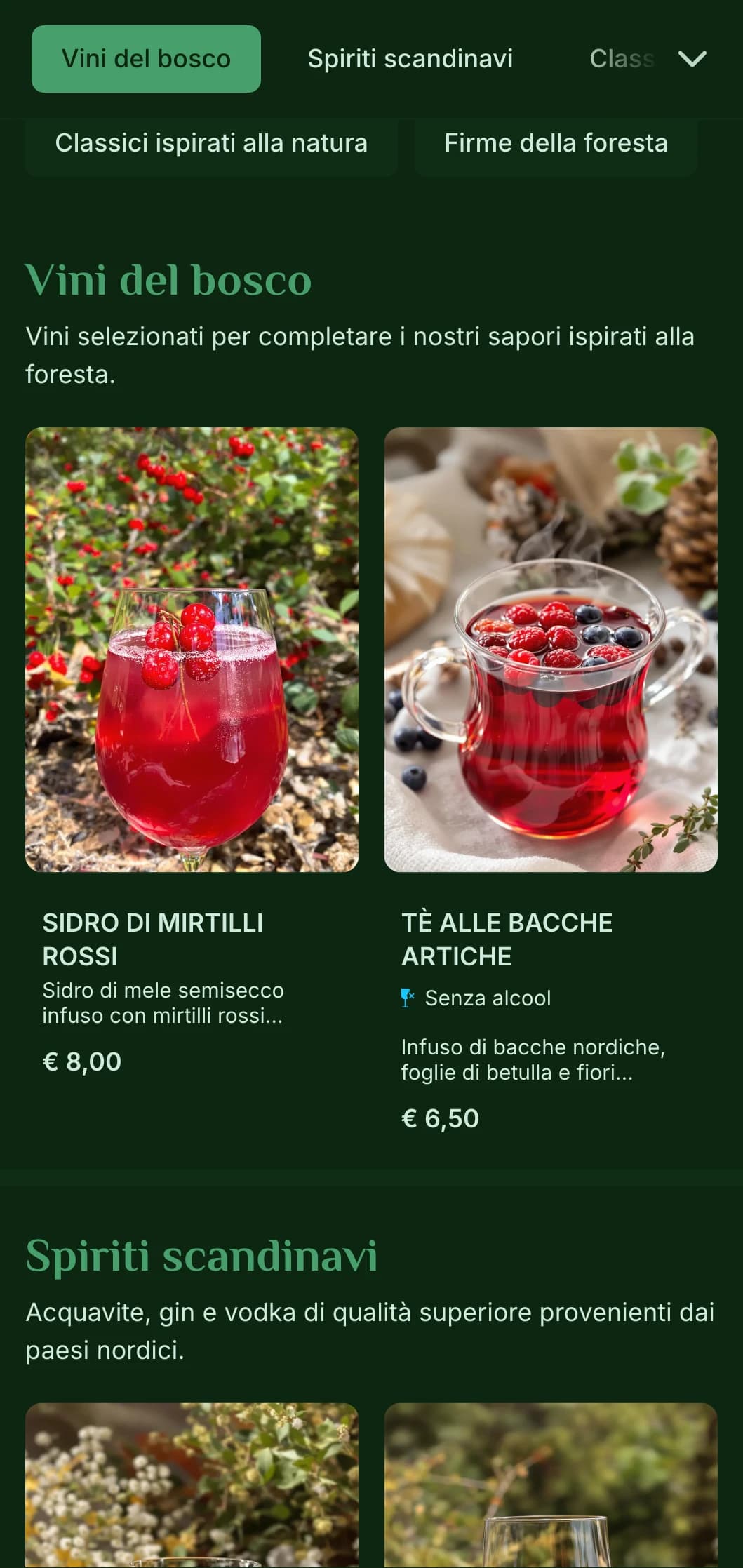 Design verde intenso ispirato alle foreste scandinave per bar a tema naturalistico.
