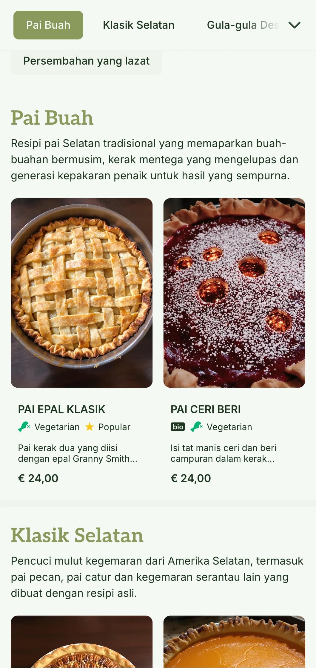 Reka bentuk menu bakeri berinspirasikan Selatan yang hangat dengan rona zaitun dan tipografi tradisional, sesuai untuk kedai pai dan kedai roti gaya Selatan.