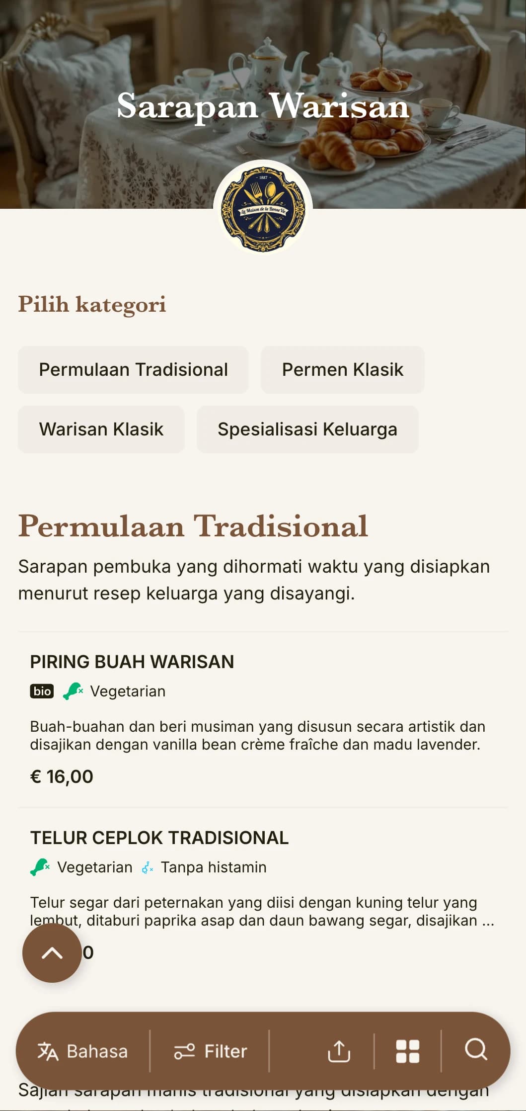 Pilihan sarapan tradisional yang terinspirasi dari resep keluarga yang tak lekang oleh waktu dan teknik kuliner klasik.