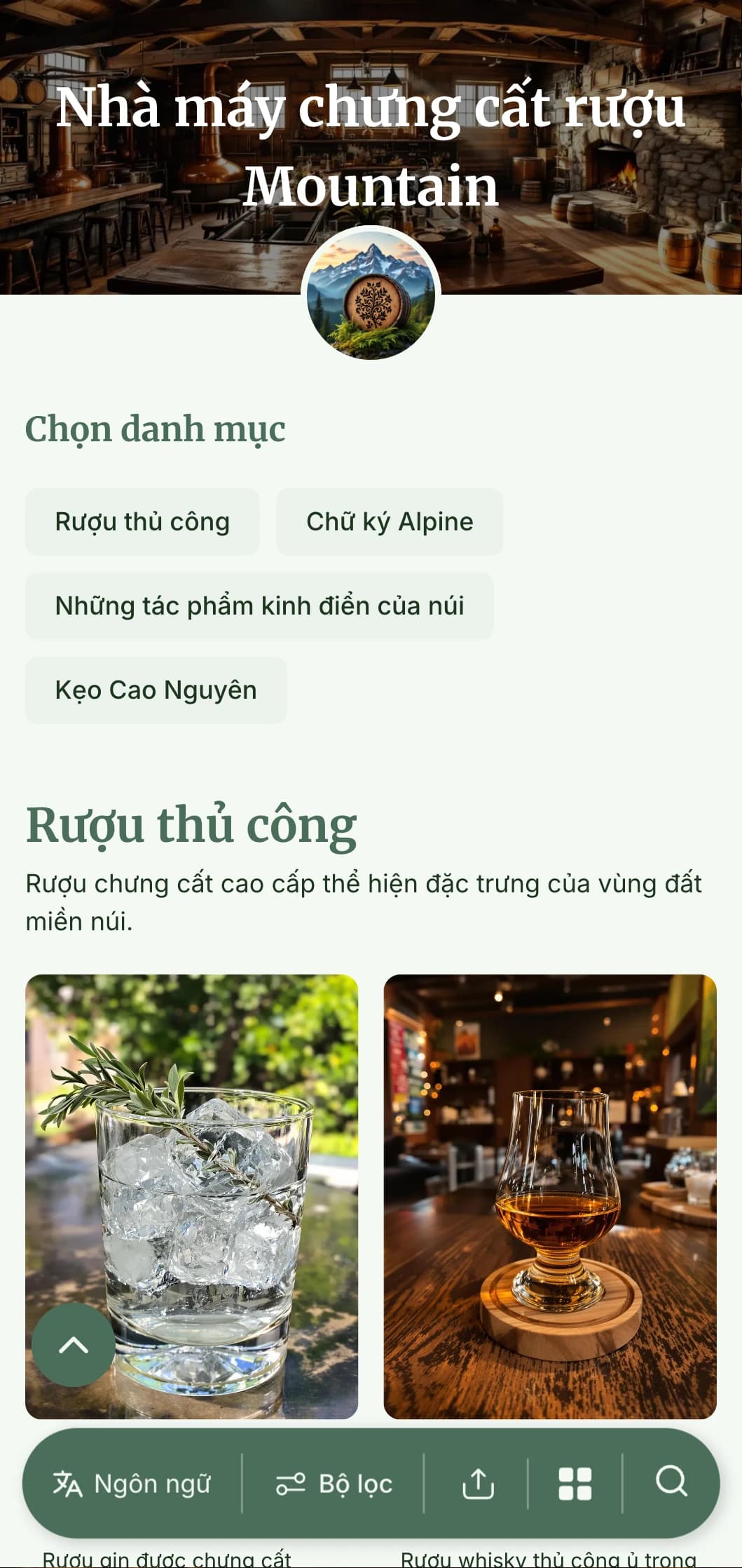 Thiết kế mộc mạc lấy cảm hứng từ núi cao dành cho các nhà máy chưng cất rượu trên núi và quầy bar rượu mạnh với tông màu đất và các yếu tố tự nhiên.