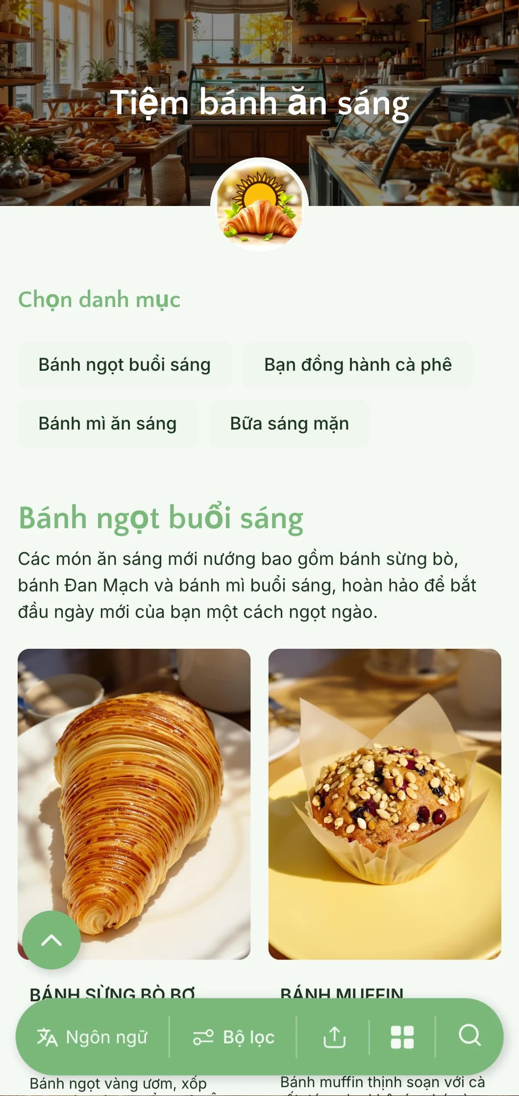 Thiết kế thực đơn bánh mì tươi sáng lấy cảm hứng từ buổi sáng với tông màu xanh lá cây tươi tắn và kiểu chữ rõ nét, hoàn hảo cho các tiệm bánh và quán cà phê phục vụ bữa sáng.