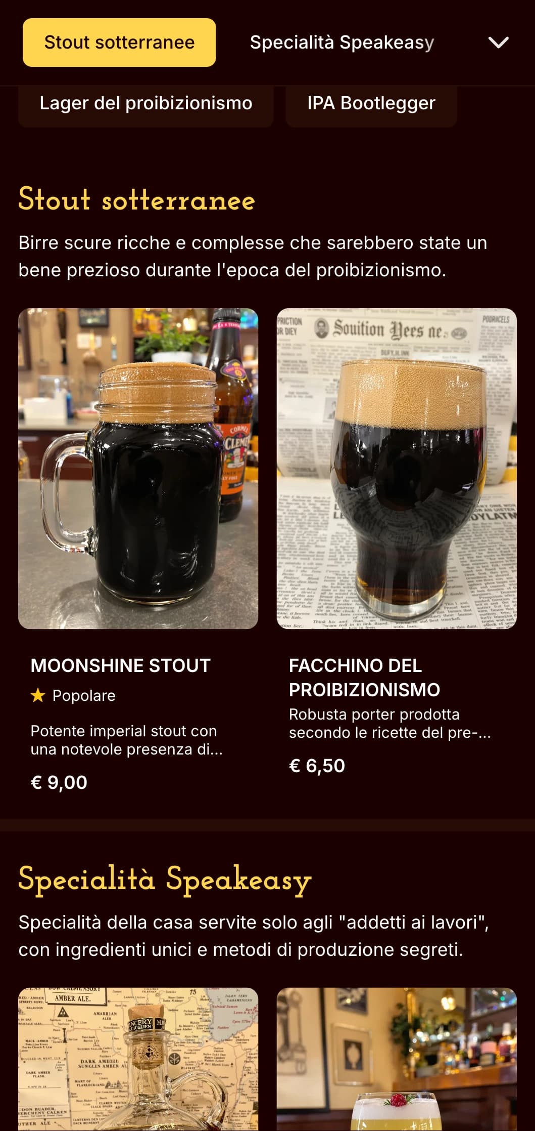 Design clandestino e vintage dell'epoca del proibizionismo, con toni scuri ed estetica segreta, ideale per i bar a tema speakeasy.