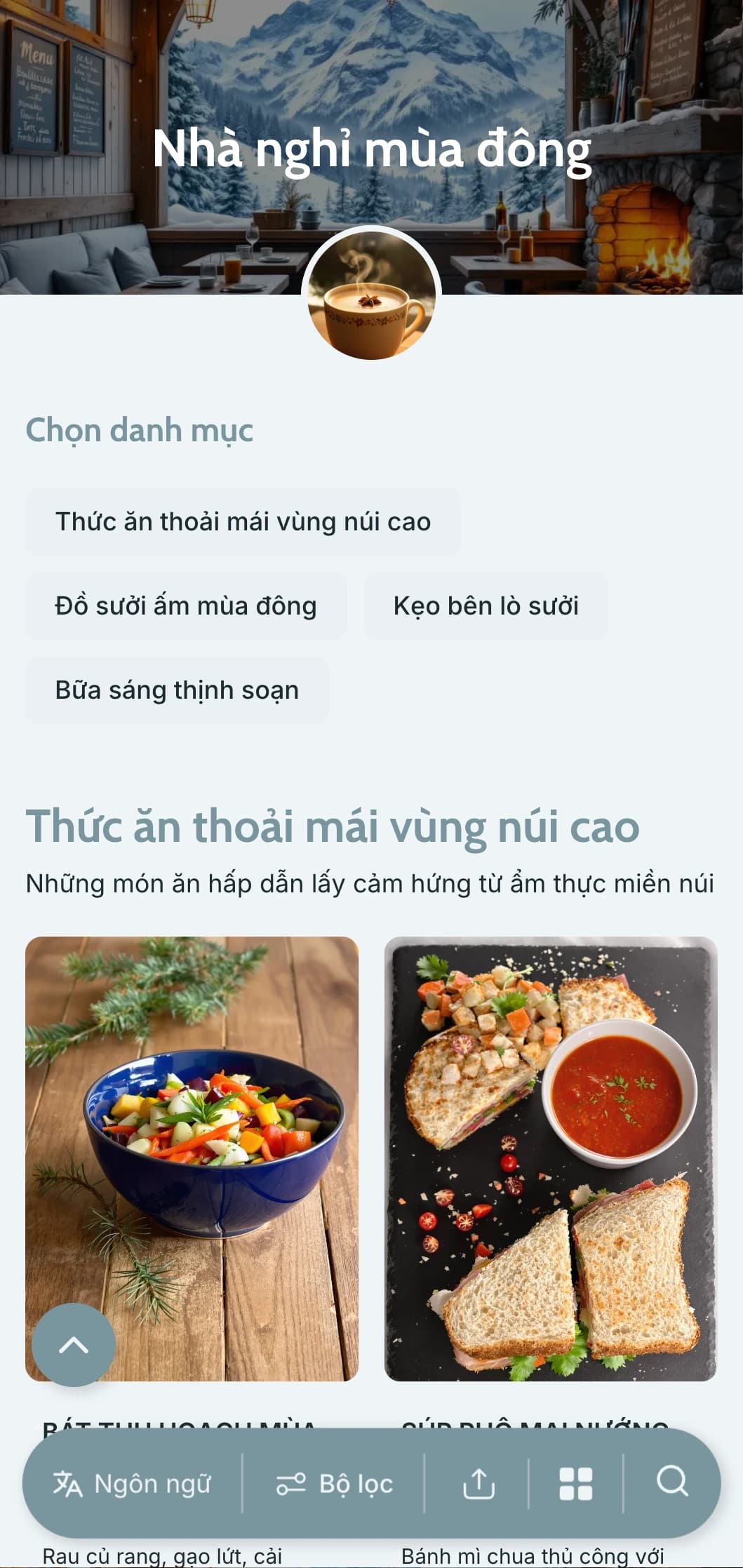 Thiết kế màu xanh xám mát mẻ với các yếu tố mùa đông cho thực đơn theo mùa và quán cà phê trên núi.