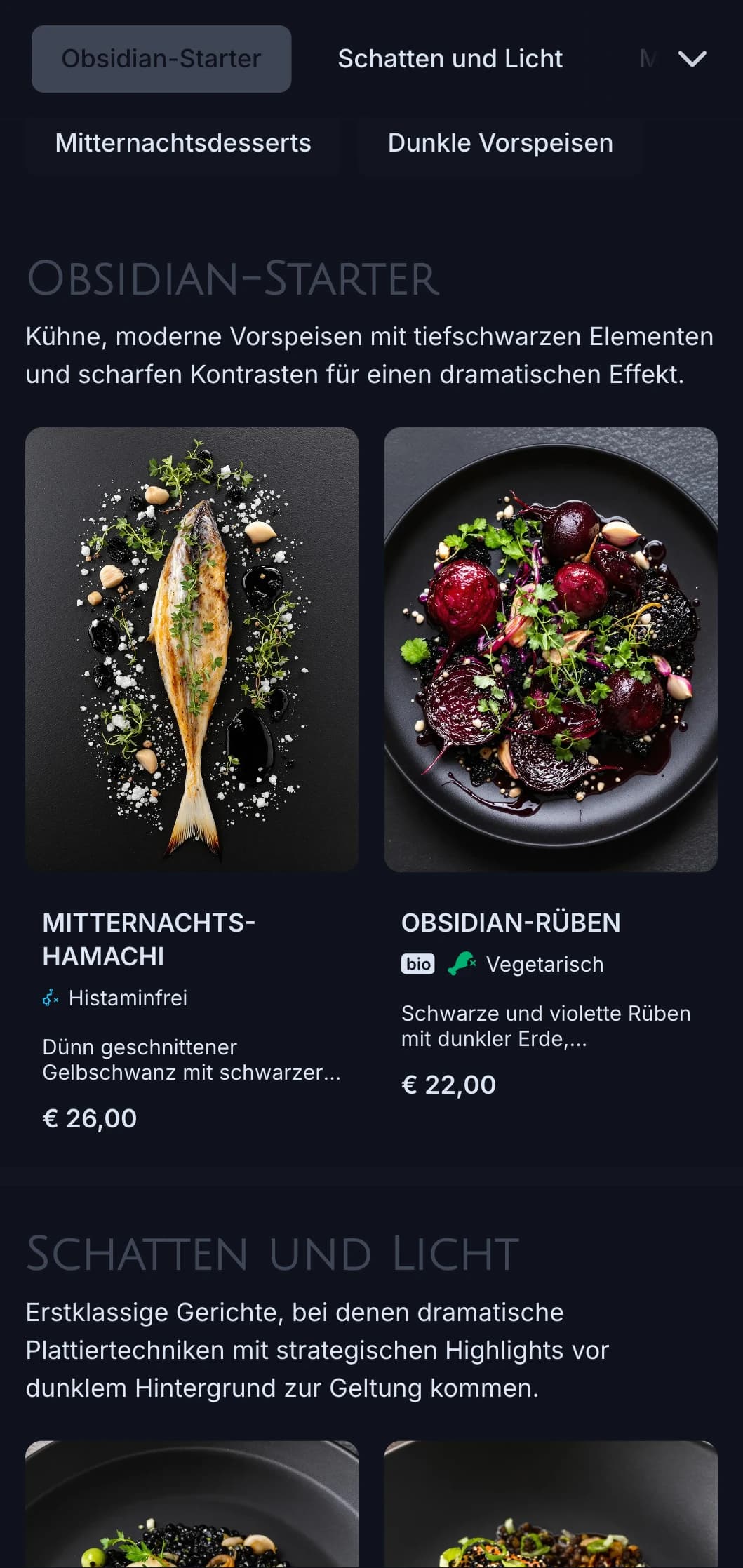Elegantes, modernes Konzept mit dramatischen Schwarztönen und scharfen Kontrasten für ein kühnes Esserlebnis.