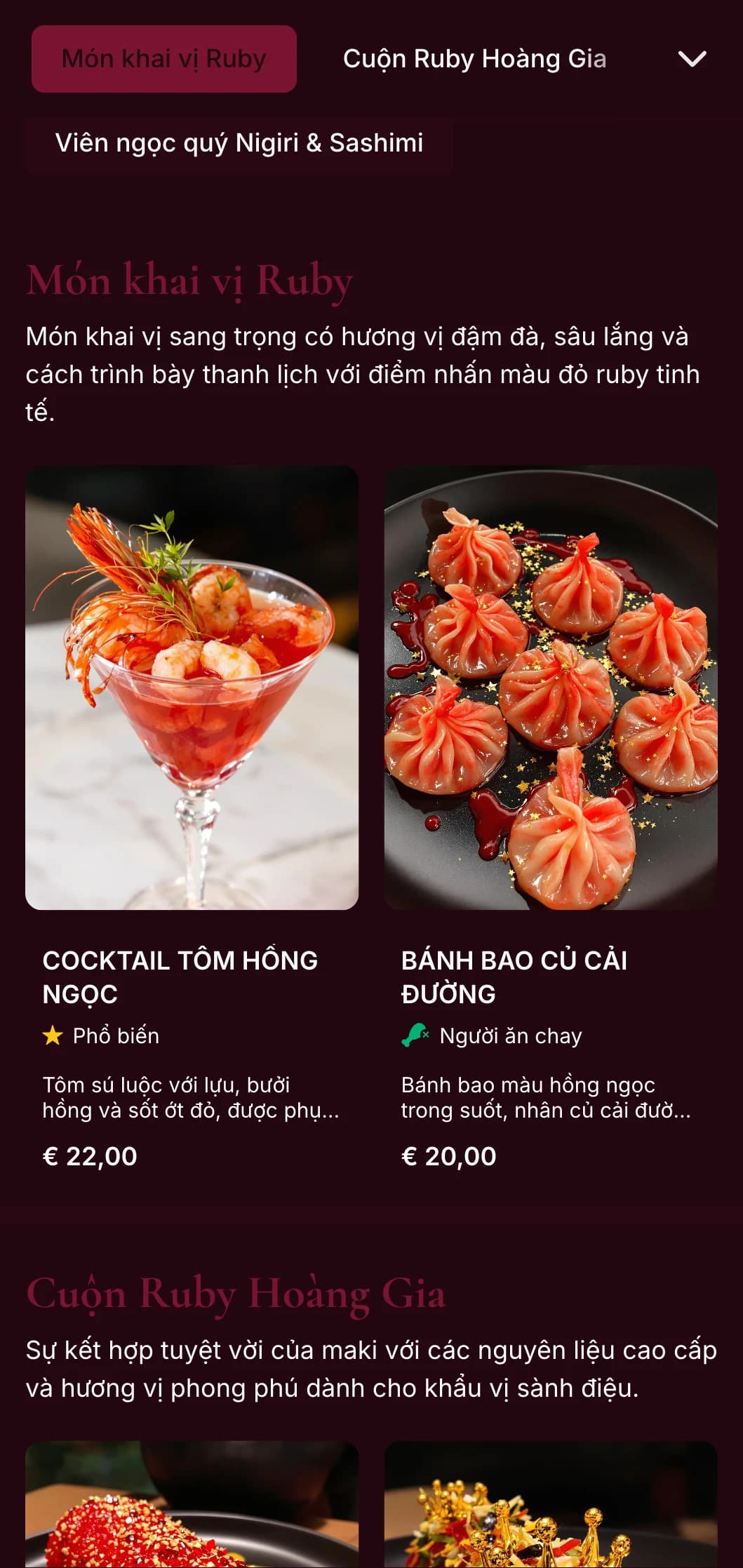 Thực đơn sushi phong phú, lấy cảm hứng từ màu đỏ thẫm với tông màu hồng ngọc sang trọng dành cho các nhà hàng châu Á cao cấp.