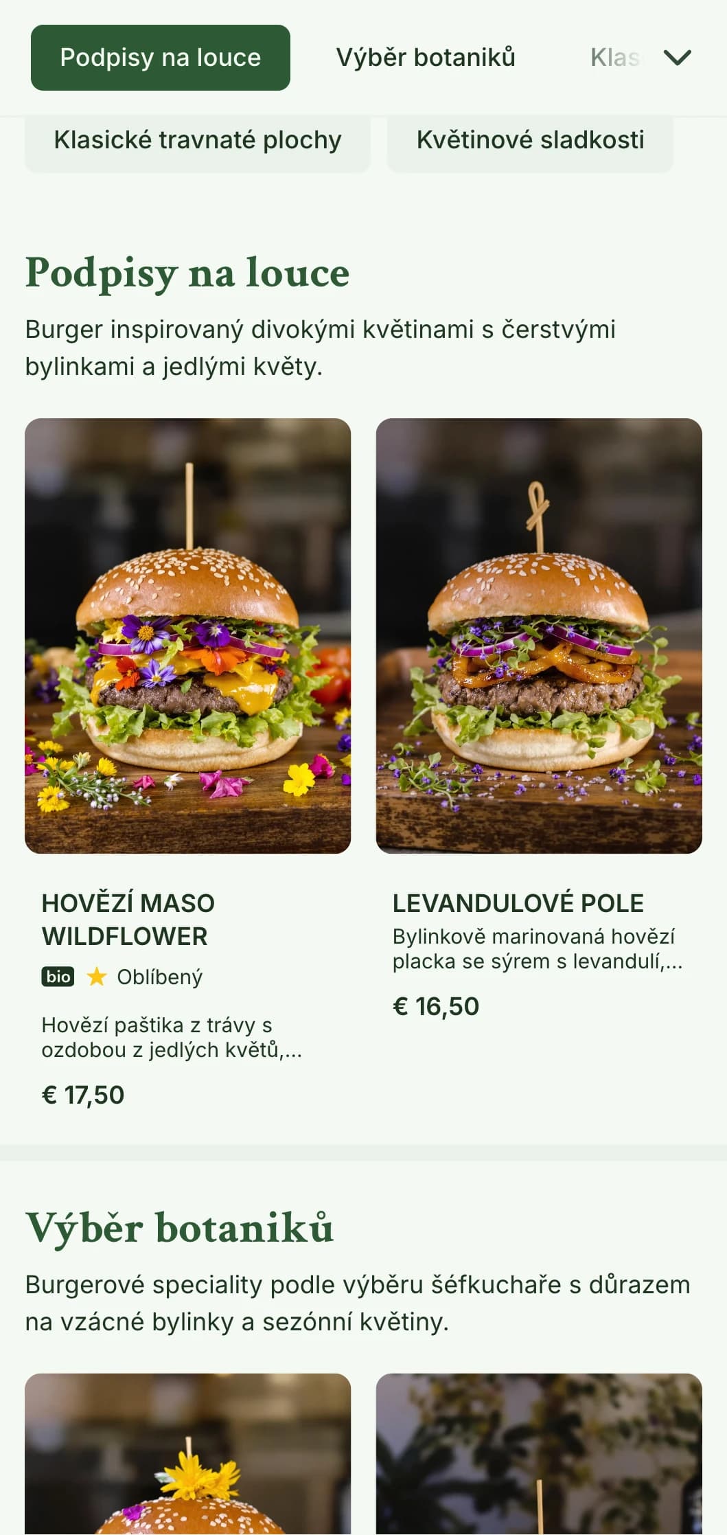 Koncept hamburgeru inspirovaný divokými květinami a travnatými plochami s přírodní, vzdušnou estetikou.